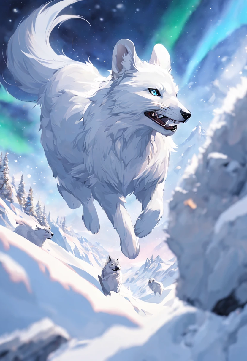 (best quality,ultra-detailed),arctic fox,deep snow,chases,mouse,quick movements,fluffy tail,sharp teeth,intense gaze,white fur,icy blue eyes,freezing wind,subzero temperatures,snow-covered landscape,northern lights,glowing moonlight,harsh winter,icy breath,pristine wilderness,playful jumps,paw prints in the snow,stealthy predator,escape maneuvers,elusive prey,hunting instincts,blizzard conditions,endless white expanse,icy silence,majestic hunter,graceful leaps,ferocious determination,seamless camouflage,cold environment,heart-pounding pursuit,inhospitable terrain.