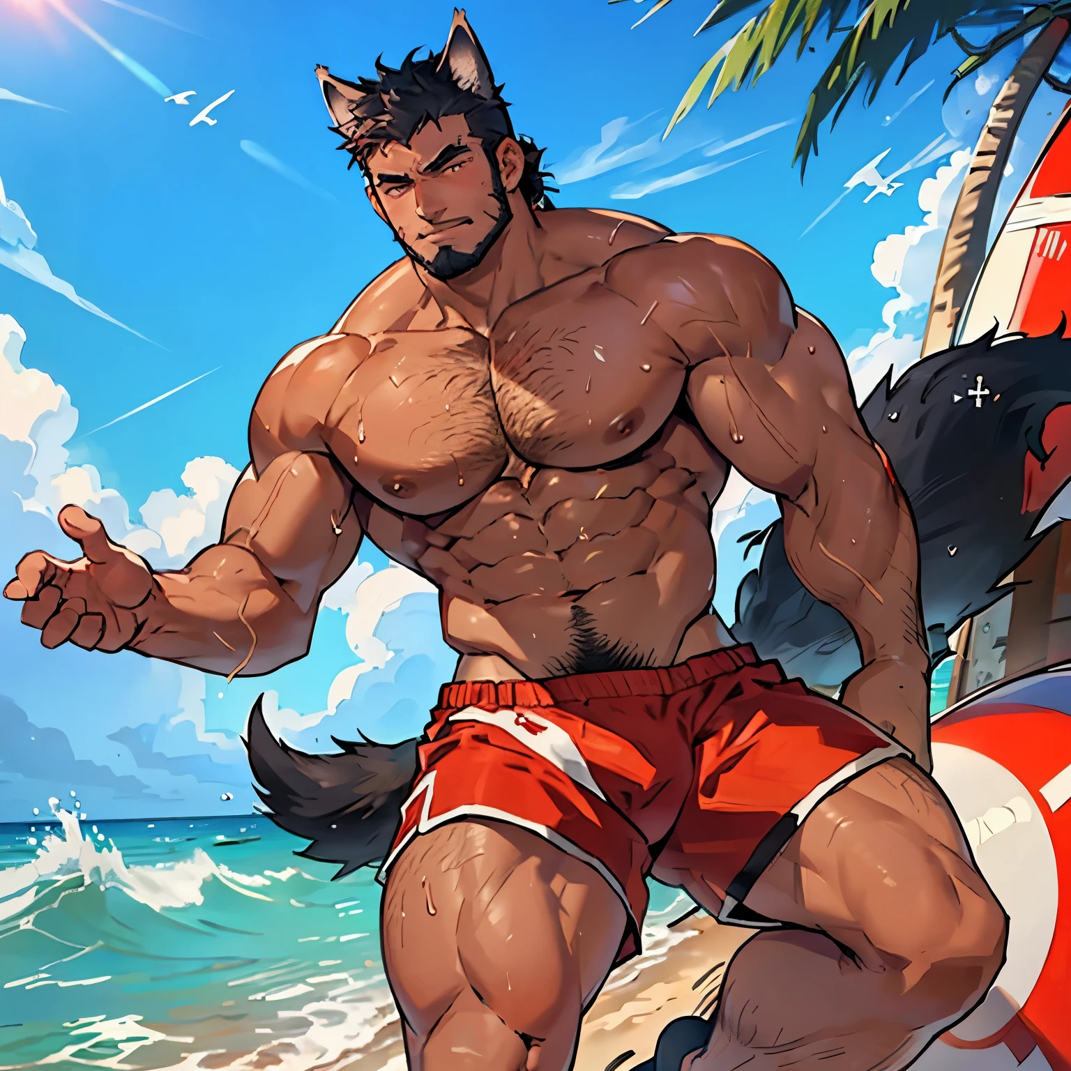 (4K resolution, realistic), bara, lifeguard, man with bread, half-wolf half-human, human appearance with wolf ears and tail, shirtless, strong muscles, confident expression, beach setting, sunny day, waves, lifeguard tower, sunglasses, sunscreen, whistle, rescue buoy, high energy, alert, muscular physique, wolf-like agility, protective instincts, tan skin, wet hair, athletic build. he has black hair and hairy. He has a faded mohawks and bushy beard, and have a big black wolf tail He has red shorts he has short hair , and hes is naked