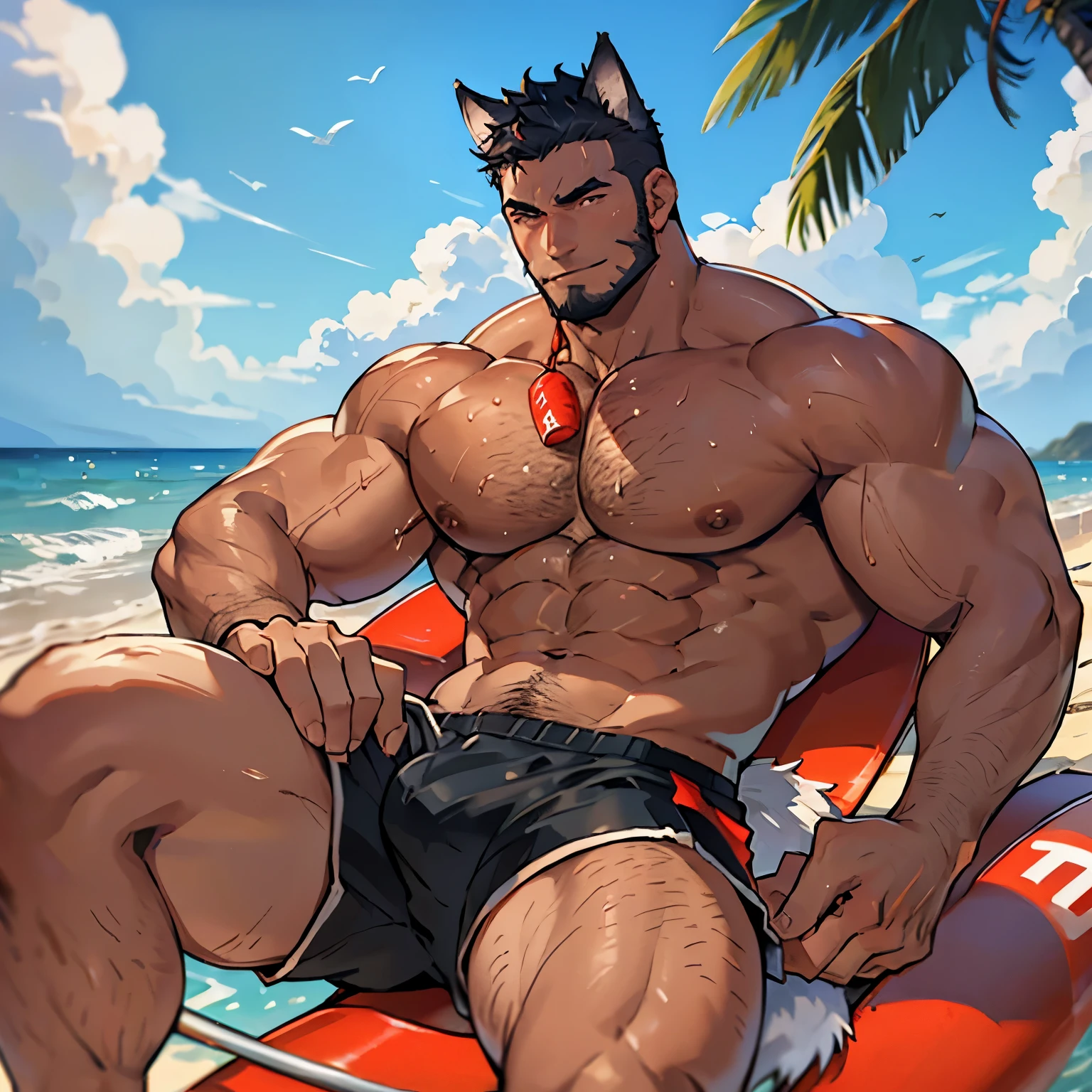 (4K resolution, realistic), bara, lifeguard, man with bread, half-wolf half-human, human appearance with wolf ears and tail, shirtless, strong muscles, confident expression, beach setting, sunny day, waves, lifeguard tower, sunglasses, sunscreen, whistle, rescue buoy, high energy, alert, muscular physique, wolf-like agility, protective instincts, tan skin, wet hair, athletic build. he has black hair and hairy. He has a faded mohawks and bushy beard, and have a big black wolf tail He has red shorts he has short hair , and hes is naked