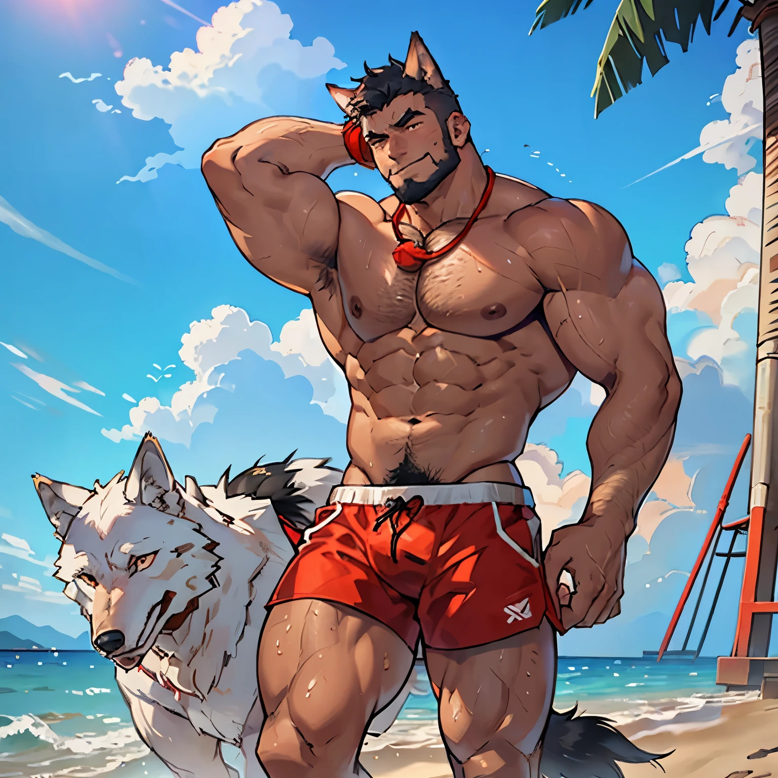 (4K resolution, realistic), bara, lifeguard, man with bread, half-wolf half-human, human appearance with wolf ears and tail, shirtless, strong muscles, confident expression, beach setting, sunny day, waves, lifeguard tower, sunglasses, sunscreen, whistle, rescue buoy, high energy, alert, muscular physique, wolf-like agility, protective instincts, tan skin, wet hair, athletic build. he has black hair and hairy. He has a faded mohawks and bushy beard, and have a big black wolf tail He has red shorts he has short hair , and hes is naked