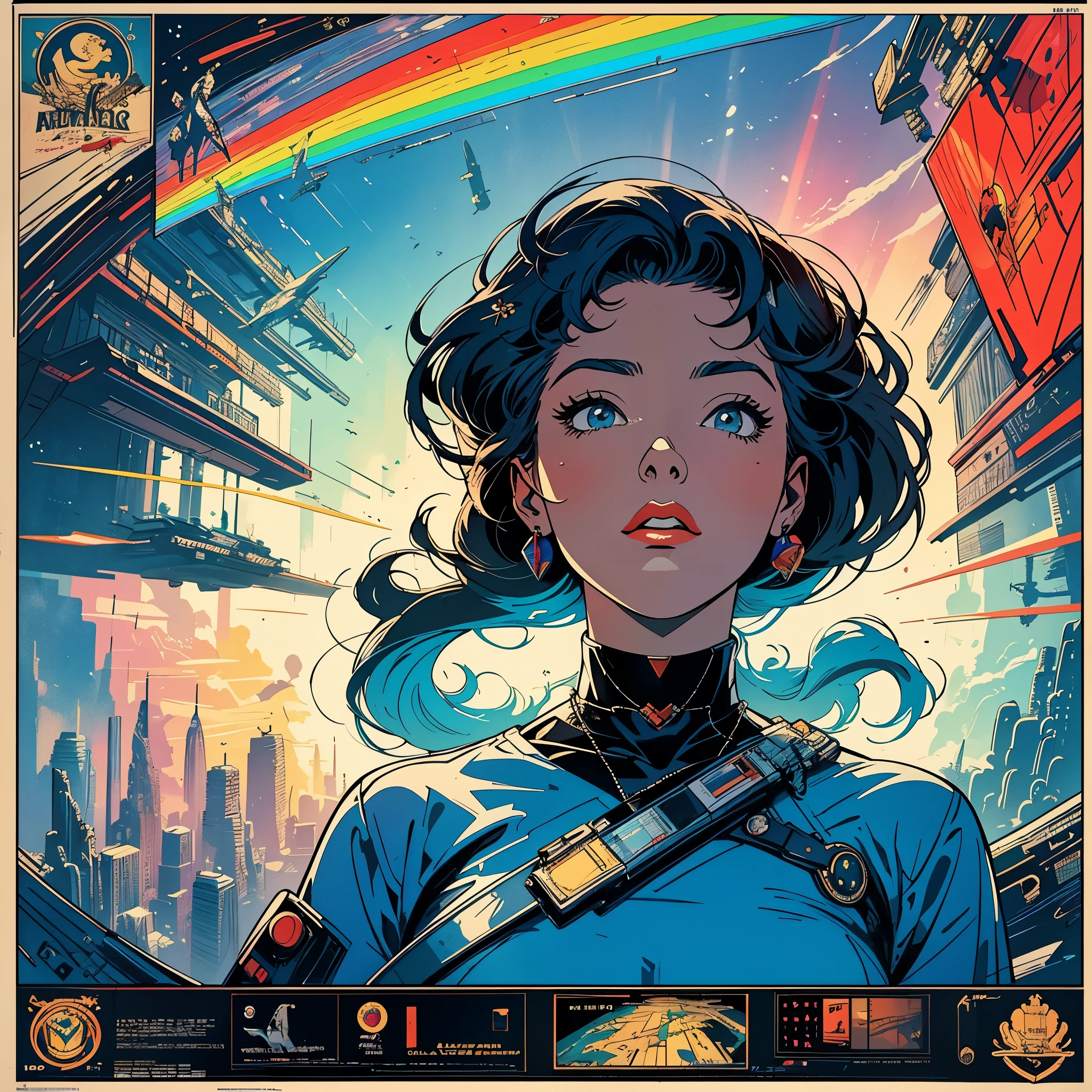 (masterpiece, highest quality), 32k,(A very detailed beautiful woman), poster,science fiction,1960s,1970s,bauhaus, shape, OK, abstract, propaganda,movie poster, vintage,retro,futuristic,anime,ultimate map,Perfect rainbow,highlight,angle from below,
