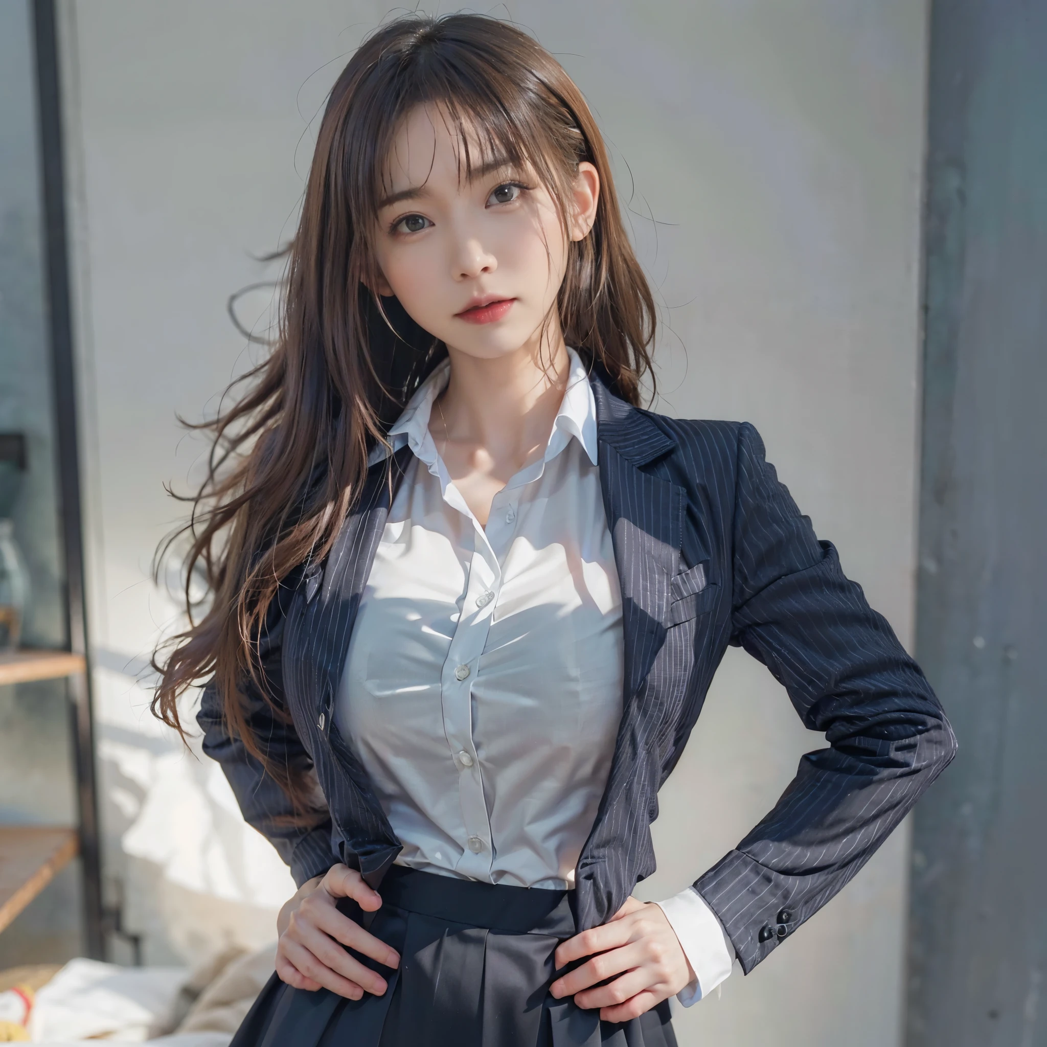 (realistic、Like a photograph、live action、8k, Photoreal, RAW photo, best image quality: 1.4), Single-lens reflex camera、RAW photo, highest quality, realistic, Highly detailed CG Unity 8k wallpaper, Depth of written boundary, cinematic light, Lens flare, ray tracing, realistic background、(wearing a business suit:1.2、black stockings、tight skirt:1.2、cleavage:1.37、big breasts:1.3、((super dense skin))、1 female、beautiful japanese woman、Japanese office lady、((whole body:1.5)、looking at the viewer:1.1、upper grade、embarrassed look、long hair:1.2、i like the style、fashionable hairstyle、Super detailed character description、pay attention to details、hair arrangement、hair up、The perfect business suit、(white skin)、beautiful legs:1.1,standing in the office、View from the front、Composition from below