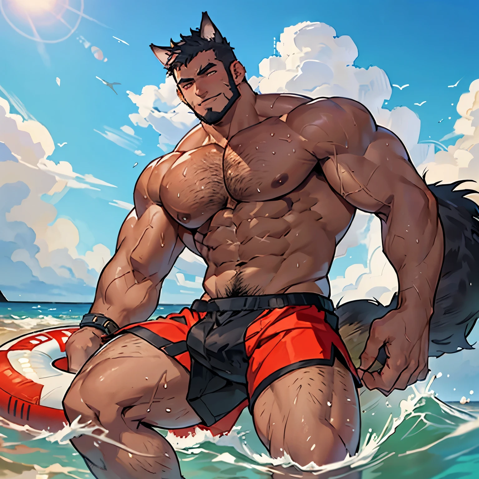 (4K resolution, realistic), bara, lifeguard, man with bread, half-wolf half-human, human appearance with wolf ears and tail, shirtless, strong muscles, confident expression, beach setting, sunny day, waves, lifeguard tower, sunglasses, sunscreen, whistle, rescue buoy, high energy, alert, muscular physique, wolf-like agility, protective instincts, tan skin, wet hair, athletic build. he has black hair and hairy. He has a faded mohawks and bushy beard, and have a big black wolf tail He has red shorts he has short hair , and hes is naked