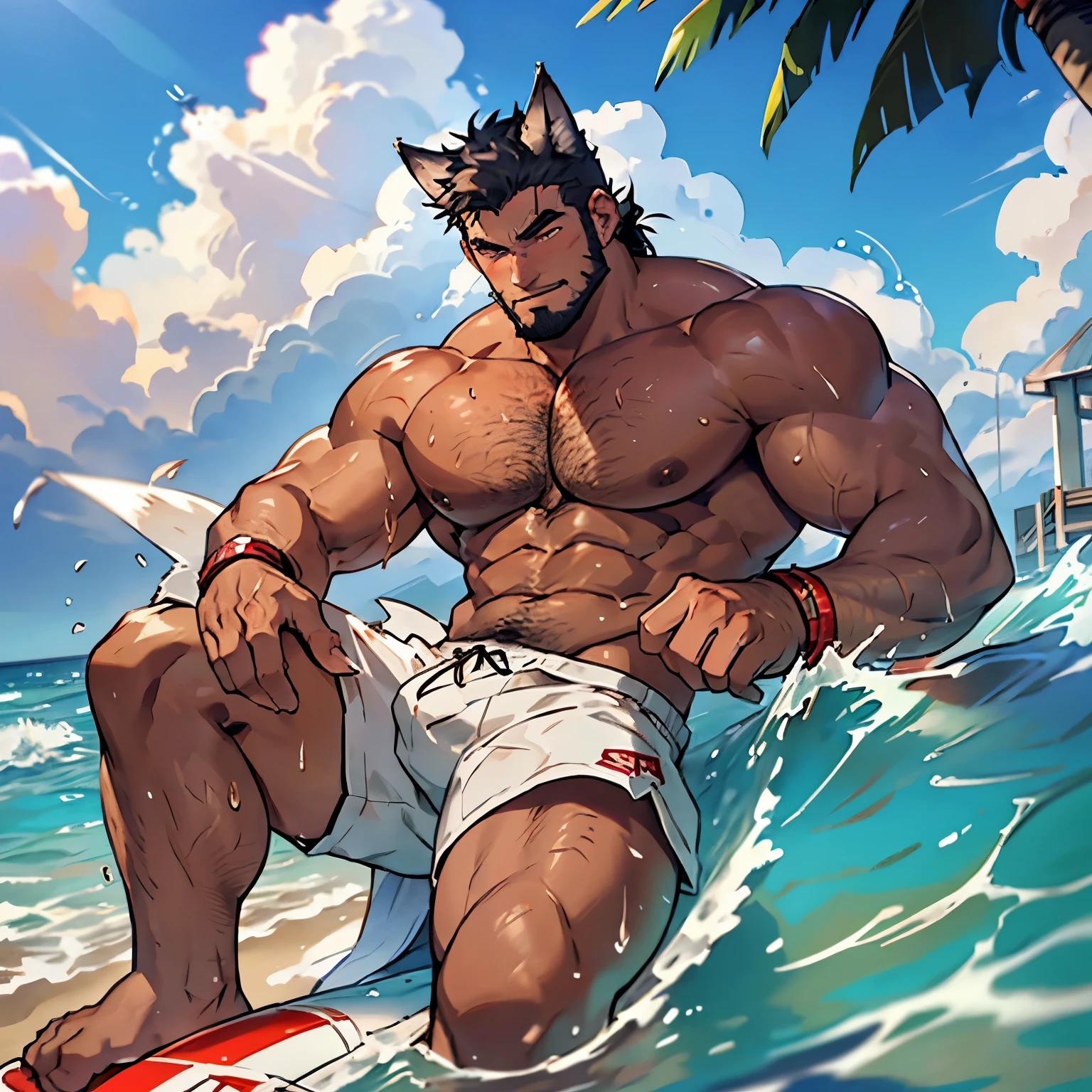 (4K resolution, realistic), bara, lifeguard, man with bread, half-wolf half-human, human appearance with wolf ears and tail, shirtless, strong muscles, confident expression, beach setting, sunny day, waves, lifeguard tower, sunglasses, sunscreen, whistle, rescue buoy, high energy, alert, muscular physique, wolf-like agility, protective instincts, tan skin, wet hair, athletic build. he has black hair and hairy. He has a faded mohawks and bushy beard, and have a big black wolf tail He has red shorts he has short hair , and hes is naked