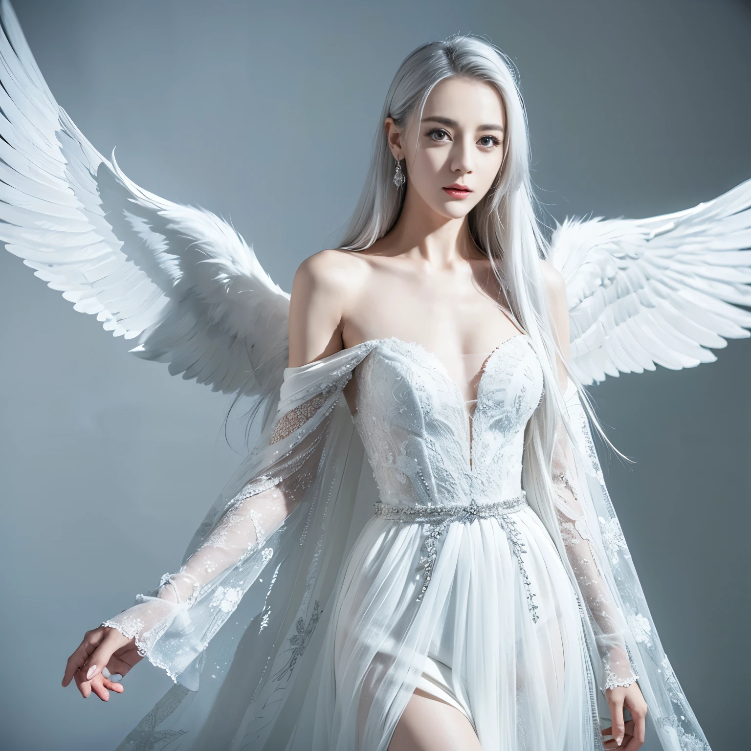 ((top quality、8k、Masterpiece:1.3))、Extremely delicate and beautiful girl,Very white skin,fiery red lips,Waist is very thin,Thighs are very thin,,White and smooth skin,Smooth and fair skin,flawless skin,Fair and shiny skin,cold white skin,The camera focuses on the chest,bright light,hair is white,hazy light rays,hazy light rays,There is a pair of huge white wings on the back,blurred white background,Long white dress,White hair,white hair,sad,shed tears