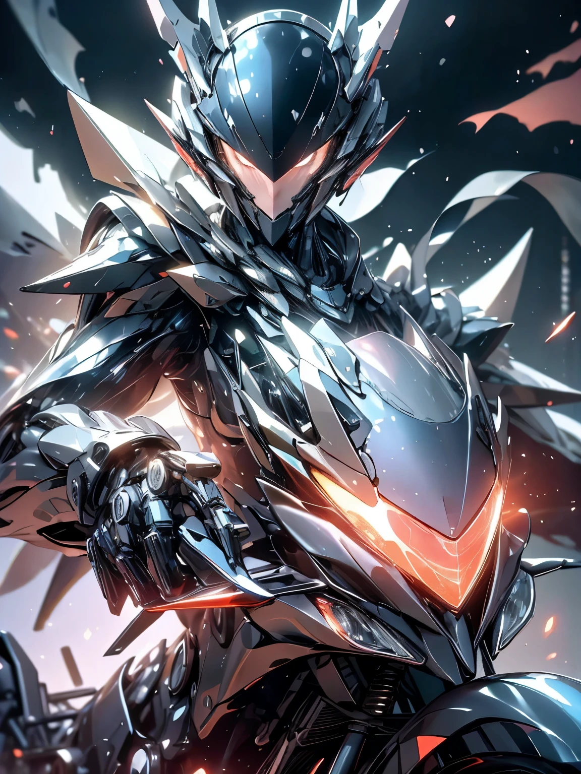 best image quality, excellent details, ultra high resolution, (realism: 1.4), best illustrations, Favor details, condensed 1girl, With a delicate and beautiful face, Dressed in a black and red mecha,( wearing a Mechanical full-face helmet that hides your true face), with directional controller, ((riding a motorcycle)) ,beautiful mechanical suit,Accurately express details such as faces and skin textures,((beautiful face and eyes)),beautiful short hair,double eyelid,delicate skin,slender body shape,alone,very small breasts,The background is a high-tech lighting scene of a futuristic city.