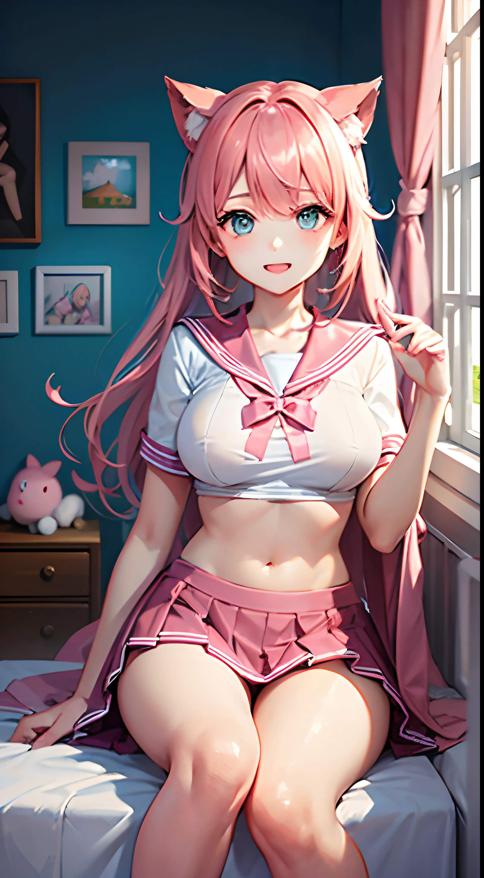 beautiful illustrations、highest quality、pretty girl、Bedroom、pink haired、hair length、(((pink pleated skirt)))、(((pink sailor suit)))、short sleeve、big breasts、belly button、lift up the skirt with one's hands、show white panties、Please lift up your skirt and show me your panties.、barefoot、blue eyes、on the bed、nice thighs、Shining thighs