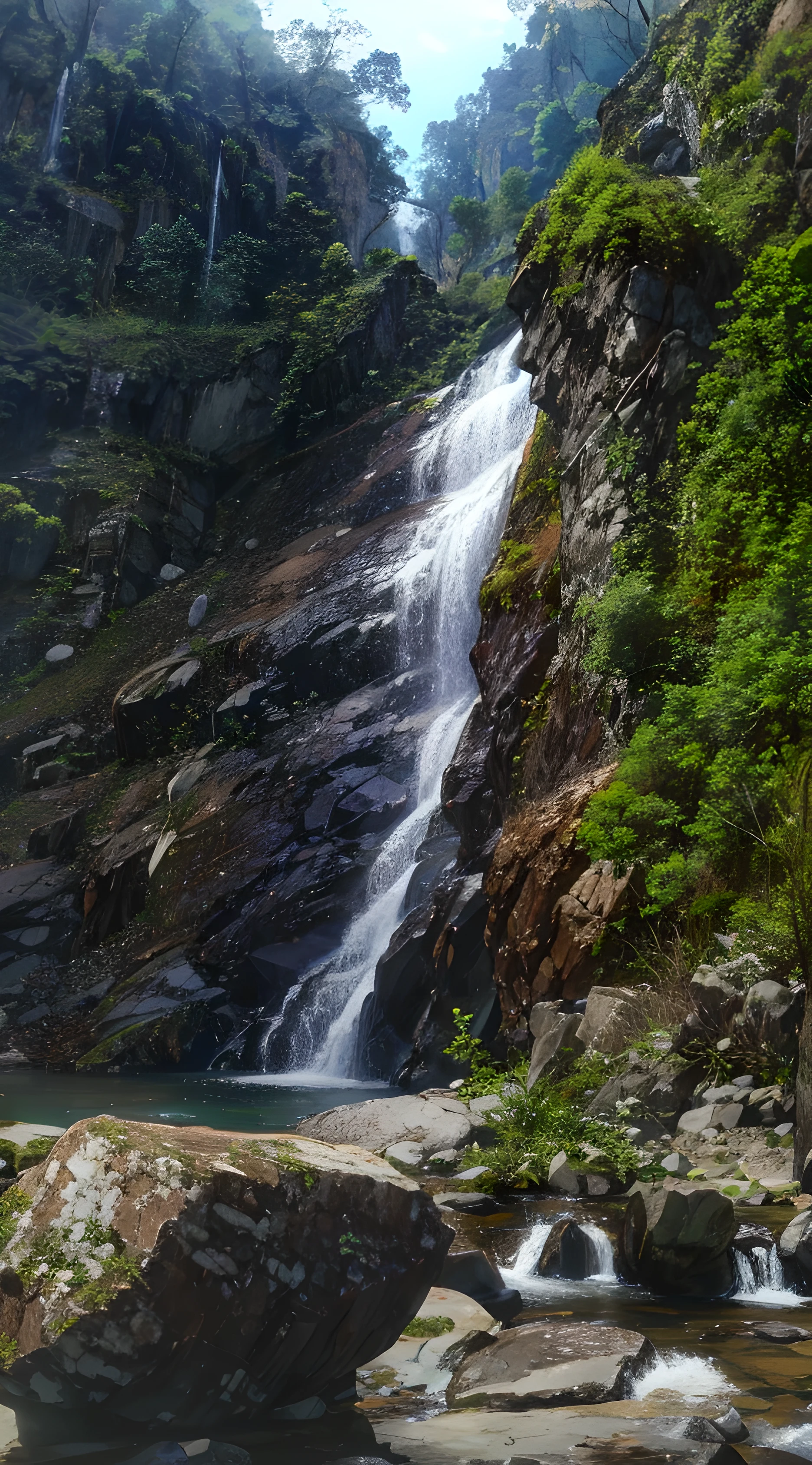 High detail, 8K, ultra HD, high quality, Anime studio, create a image relistict, best lighting , fantasy, waterfall beautifull, dreamer