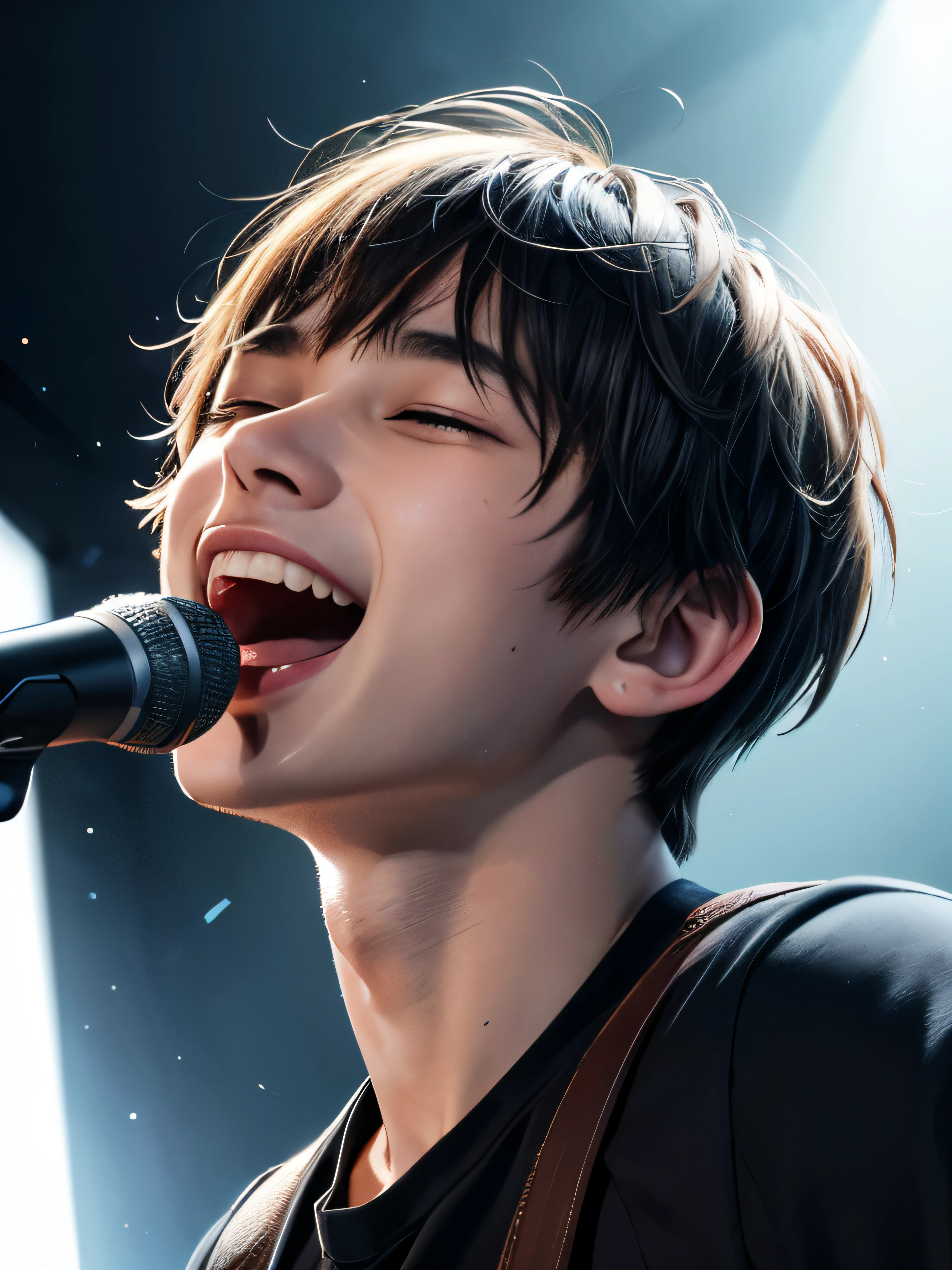(exquisite illustrations:1.4),(masterpiece:1.0), (highest quality:1.4), (super detailed:1.2), (realistic:1.4),(18-year-old:1.3), (male: 1.4), portrait, high school student, From before, look up, vocalist, leaning forward, close your eyes, raise your arms, Standing on stage at a concert and singing with a microphone, Hilarious, open your mouth, pixie cut, Band Stage, black background, try as hard as you can, detailed expression