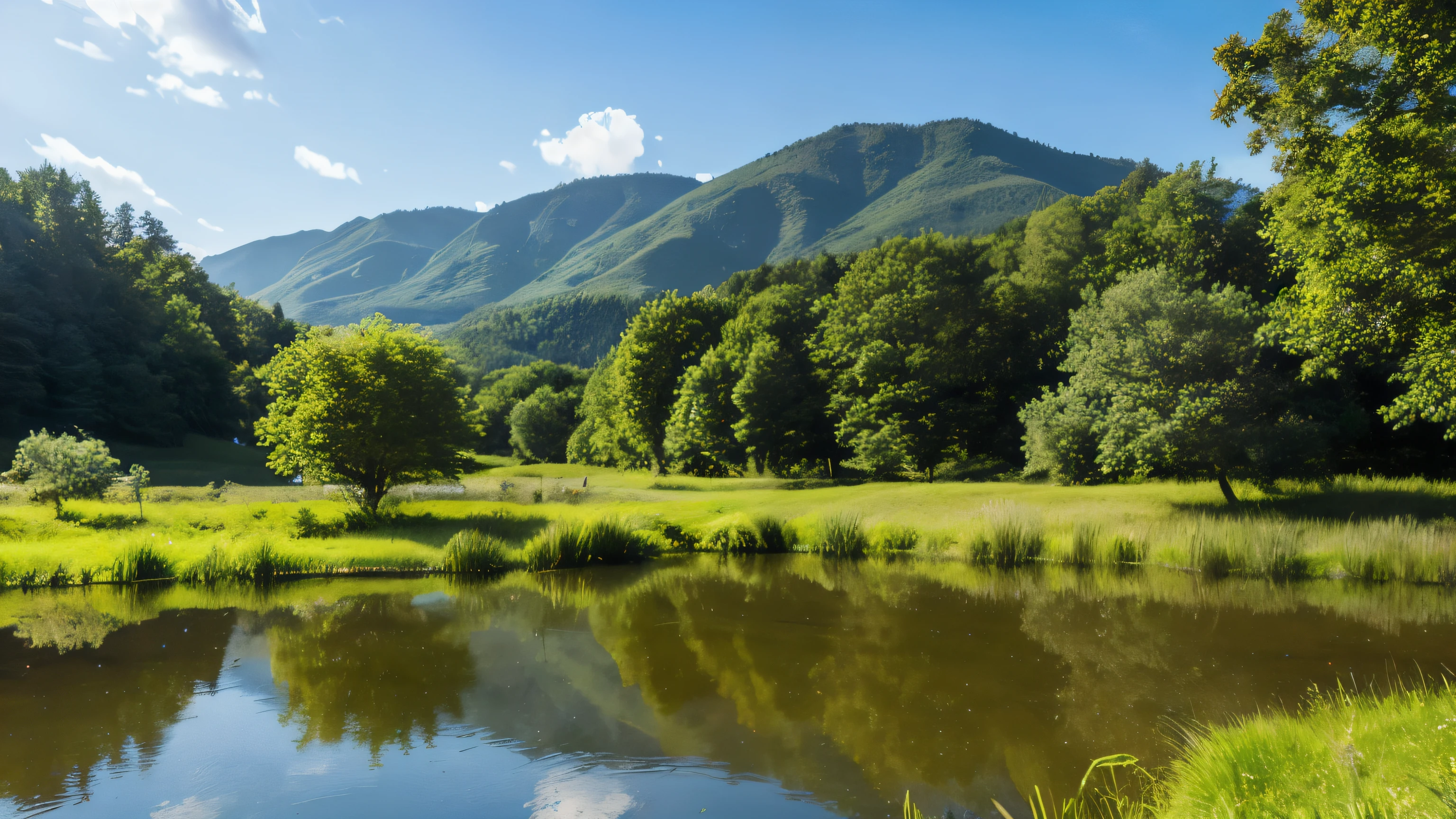 The tranquil pond is surrounded by lush greenery., Reflecting the clear blue sky above.