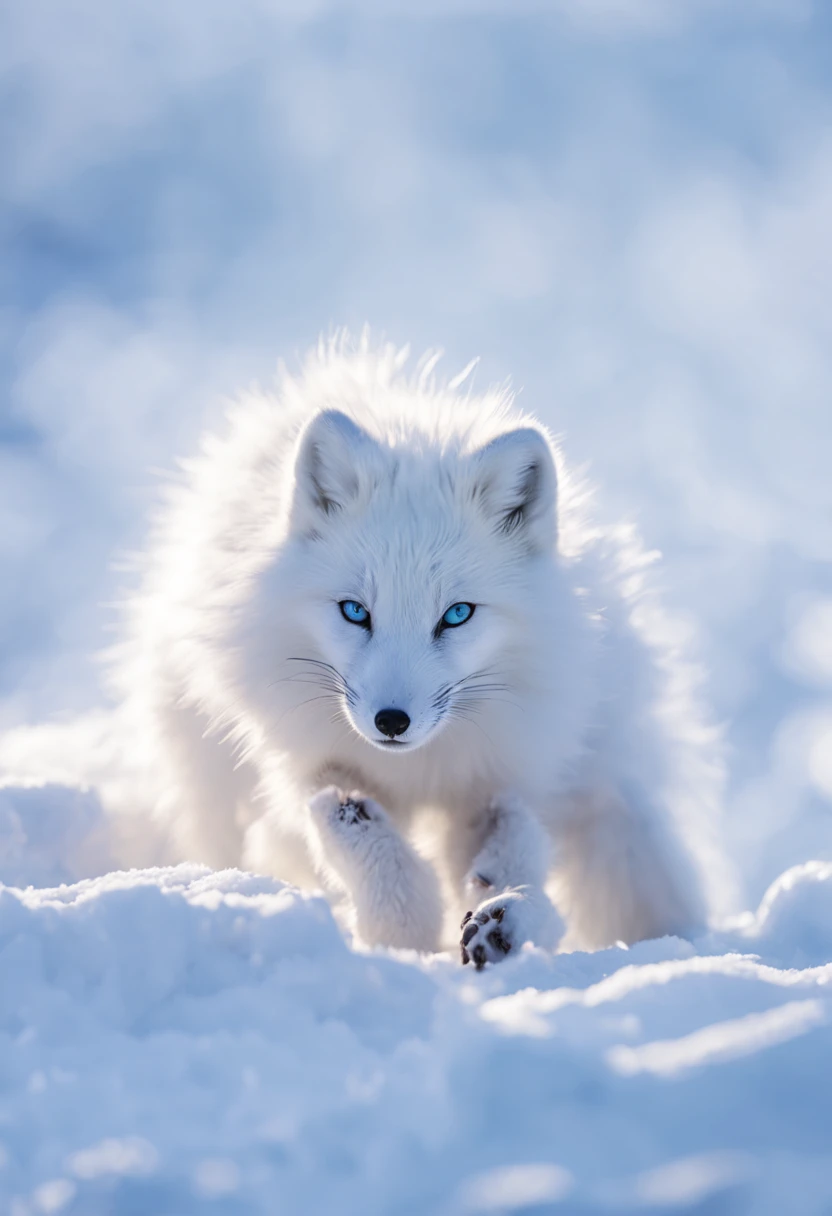 (best quality,ultra-detailed),arctic fox,deep snow,chases,mouse,quick movements,fluffy tail,sharp teeth,intense gaze,white fur,icy blue eyes,freezing wind,subzero temperatures,snow-covered landscape,northern lights,glowing moonlight,harsh winter,icy breath,pristine wilderness,playful jumps,paw prints in the snow,stealthy predator,escape maneuvers,elusive prey,hunting instincts,blizzard conditions,endless white expanse,icy silence,majestic hunter,graceful leaps,ferocious determination,seamless camouflage,cold environment,heart-pounding pursuit,inhospitable terrain.