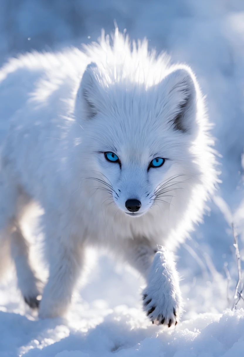 (best quality,ultra-detailed),arctic fox,deep snow,chases,mouse,quick movements,fluffy tail,sharp teeth,intense gaze,white fur,icy blue eyes,freezing wind,subzero temperatures,snow-covered landscape,northern lights,glowing moonlight,harsh winter,icy breath,pristine wilderness,playful jumps,paw prints in the snow,stealthy predator,escape maneuvers,elusive prey,hunting instincts,blizzard conditions,endless white expanse,icy silence,majestic hunter,graceful leaps,ferocious determination,seamless camouflage,cold environment,heart-pounding pursuit,inhospitable terrain.