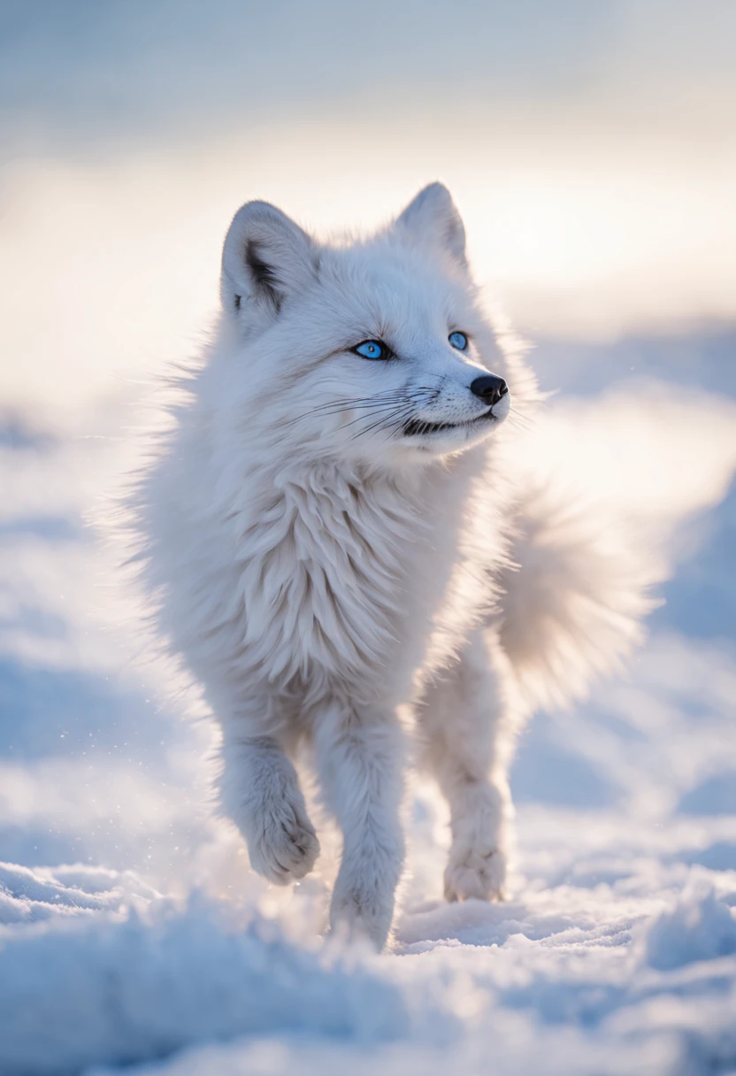 (best quality,ultra-detailed),arctic fox,deep snow,chases,mouse,quick movements,fluffy tail,sharp teeth,intense gaze,white fur,icy blue eyes,freezing wind,subzero temperatures,snow-covered landscape,northern lights,glowing moonlight,harsh winter,icy breath,pristine wilderness,playful jumps,paw prints in the snow,stealthy predator,escape maneuvers,elusive prey,hunting instincts,blizzard conditions,endless white expanse,icy silence,majestic hunter,graceful leaps,ferocious determination,seamless camouflage,cold environment,heart-pounding pursuit,inhospitable terrain.