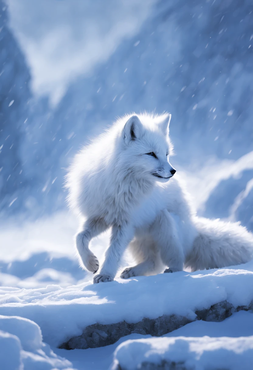 (best quality,ultra-detailed),arctic fox,deep snow,chases,mouse,quick movements,fluffy tail,sharp teeth,intense gaze,white fur,icy blue eyes,freezing wind,subzero temperatures,snow-covered landscape,northern lights,glowing moonlight,harsh winter,icy breath,pristine wilderness,playful jumps,paw prints in the snow,stealthy predator,escape maneuvers,elusive prey,hunting instincts,blizzard conditions,endless white expanse,icy silence,majestic hunter,graceful leaps,ferocious determination,seamless camouflage,cold environment,heart-pounding pursuit,inhospitable terrain.