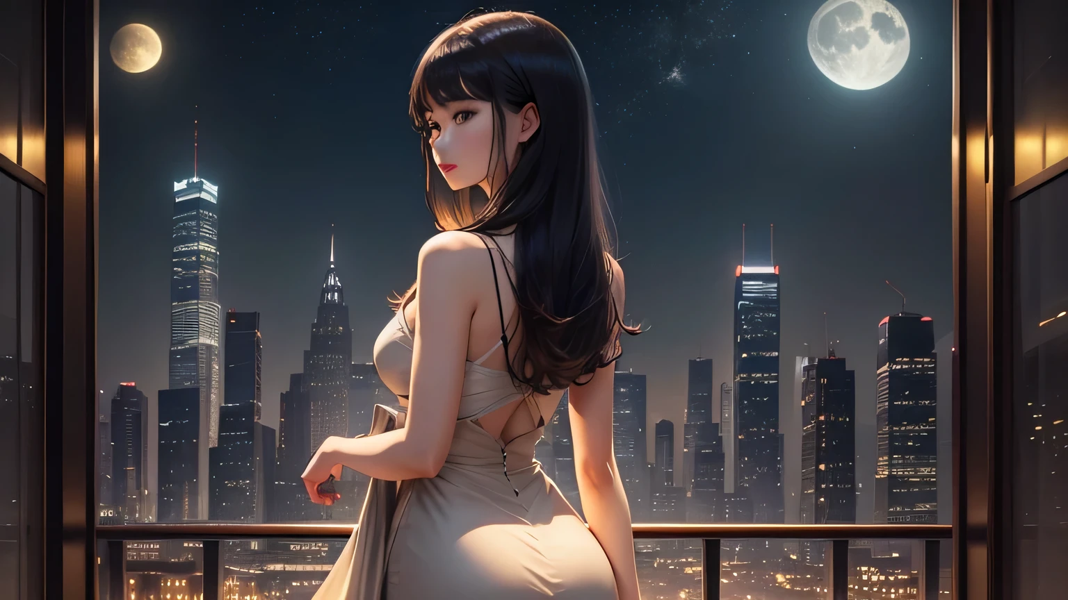 1girl, black_hair, breasts, building, city, city_lights, dress, lips, long_hair, looking_at_viewer, night, night_sky, sky, skyscraper