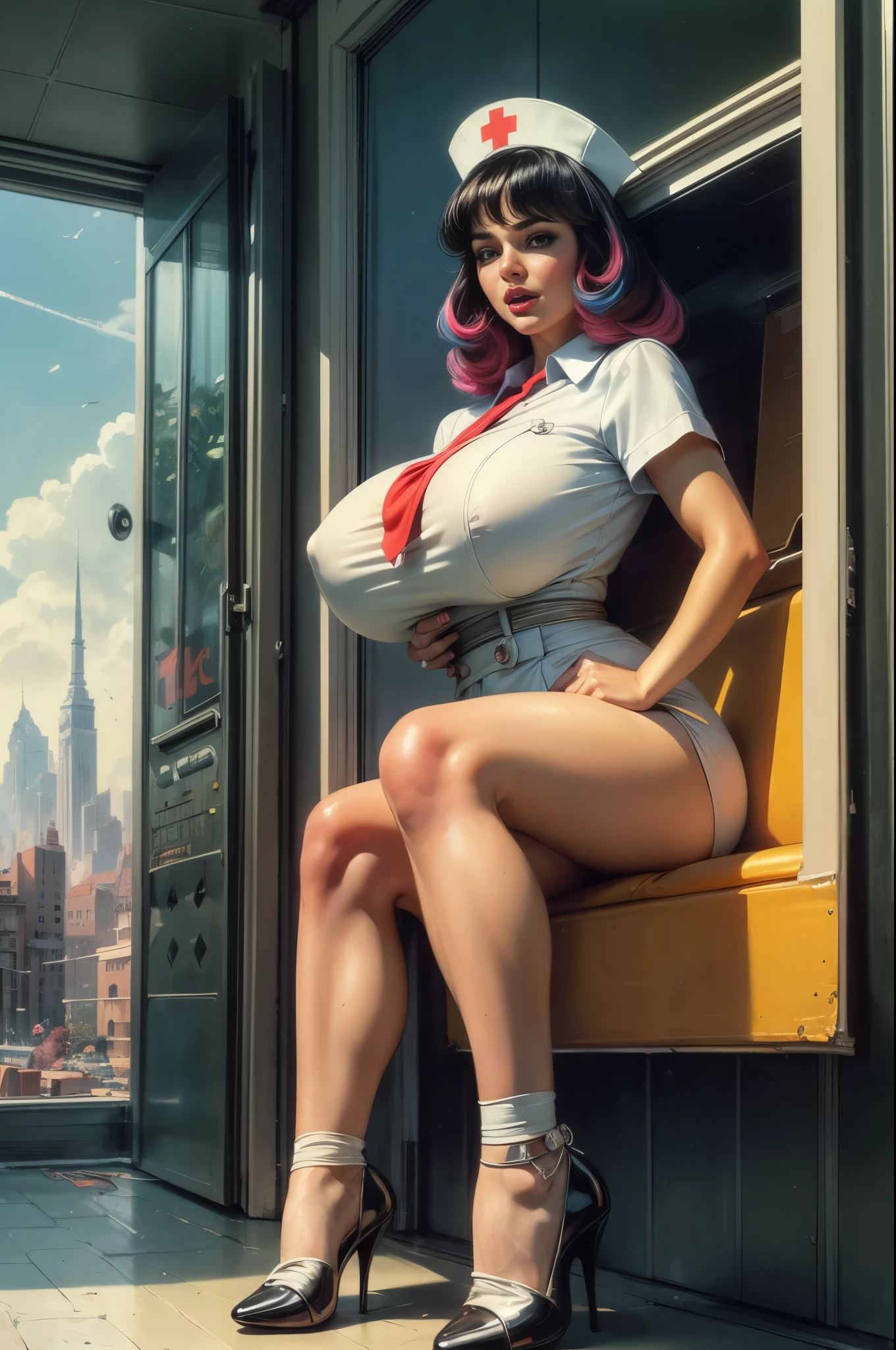 (Masterpiece, Best Quality), 8k Wallpaper, highly detailed, poster, vintage sci-fi film, 1960s, a magazine cover with sexy giant nurse towering over a tiny city, a portrait by Paul Kane, cinematic movie poster, perfect face, colorful hair, Attack of the 50 foot woman, giant woman, tiny city, lines, abstract, mid century modern, movie poster, vintage, white nurse uniform, stiletto high heel shoes, tiny destroyed skyscrapers city, retrofuturism, pulp sci fi, pulp sci-fi, 60's pulp illustration, scifi pulp, pulp book cover art, pulp scifi, old retro pulp comic cover, pulp science fiction, pulp scifi illustration, vintage scifi, skyscrapers sized under her knee