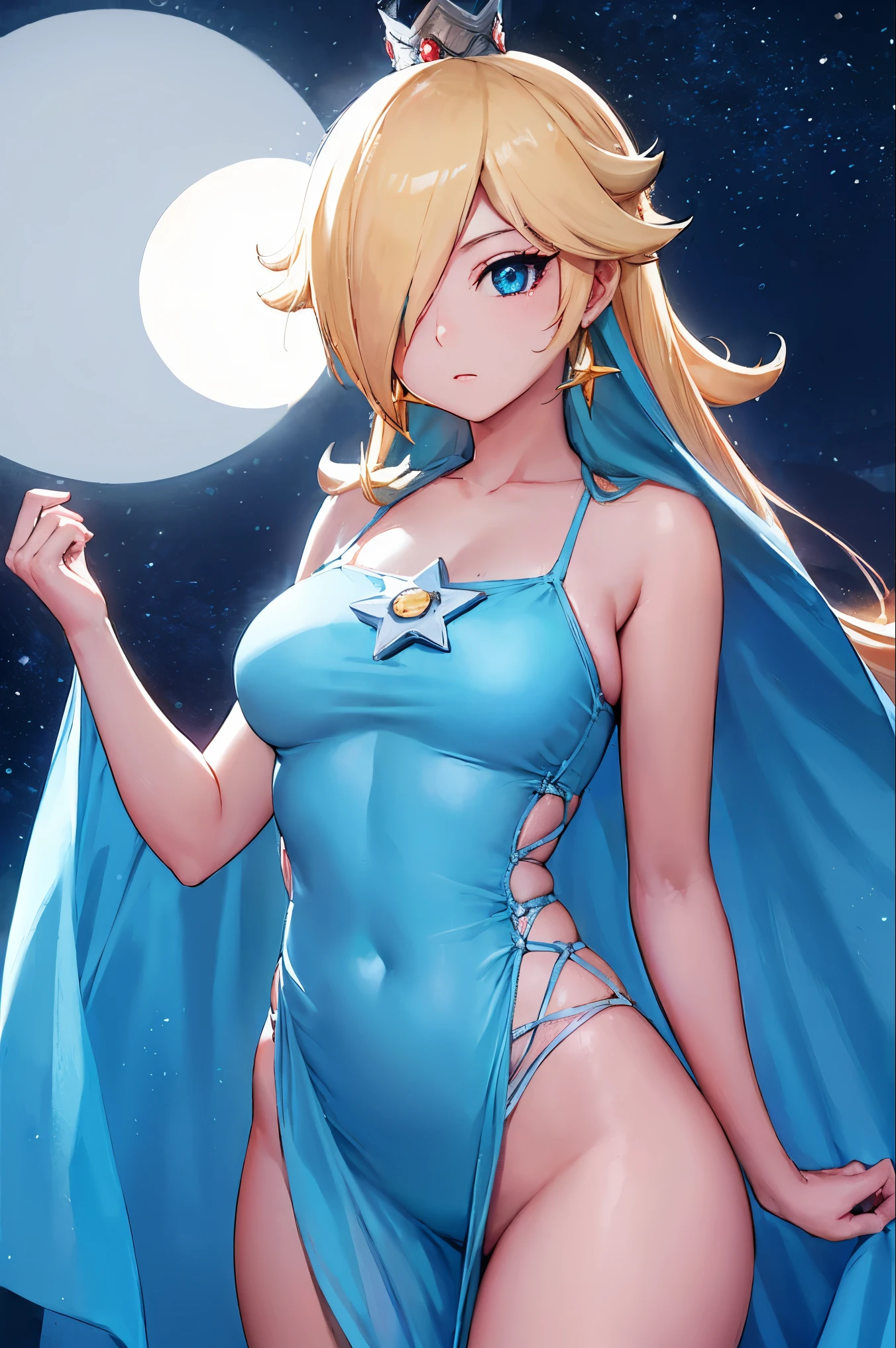 Rosalina, Rosalina, Blonde hair, blue eyes, hair over one eye, long hair, blue bikini BREAK, high waist panties, crown, dress, earrings, jewelry, princess, cape, star earrings, BREAK night, night sky, sky , star \(sky\), star \(symbol\), space, sun, BREAK looking at the viewer, (cowboy photo: 1.5), BREAK (art: 1.2), best quality, high resolution, 8k unity wallpaper , (art: 0.8), (beautiful detailed eyes: 1.6), extremely detailed face, perfect lighting, extremely detailed CG, (perfect hands, perfect anatomy),