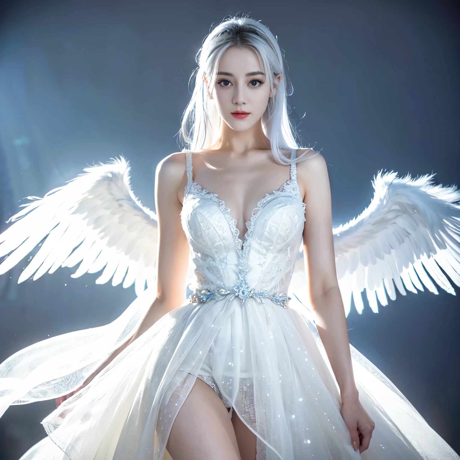 ((top quality、8k、Masterpiece:1.3))、Extremely delicate and beautiful girl,Very white skin,fiery red lips,Waist is very thin,Thighs are very thin,,White and smooth skin,Smooth and fair skin,flawless skin,Fair and shiny skin,cold white skin,The camera focuses on the chest,bright light,hair is white,hazy light rays,hazy light rays,There is a pair of huge white wings on the back,blurred white background,Long white dress,White hair,white hair