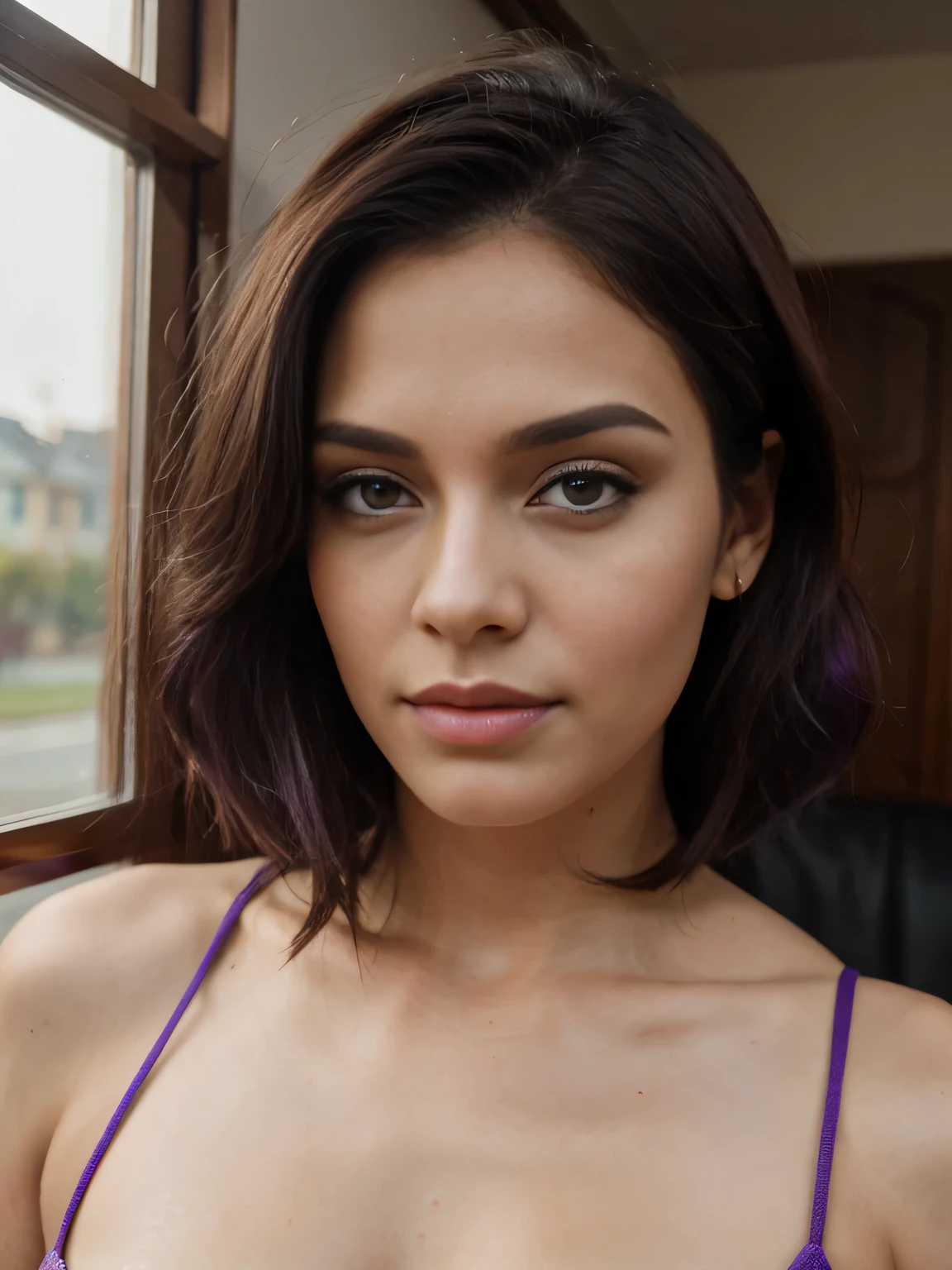 (32k) 16k, 8k, 4k, super fine face, small mouth, lip biting makeup, effeminate, purple hair, purple eyes, high resolution, perfect. Portrait.