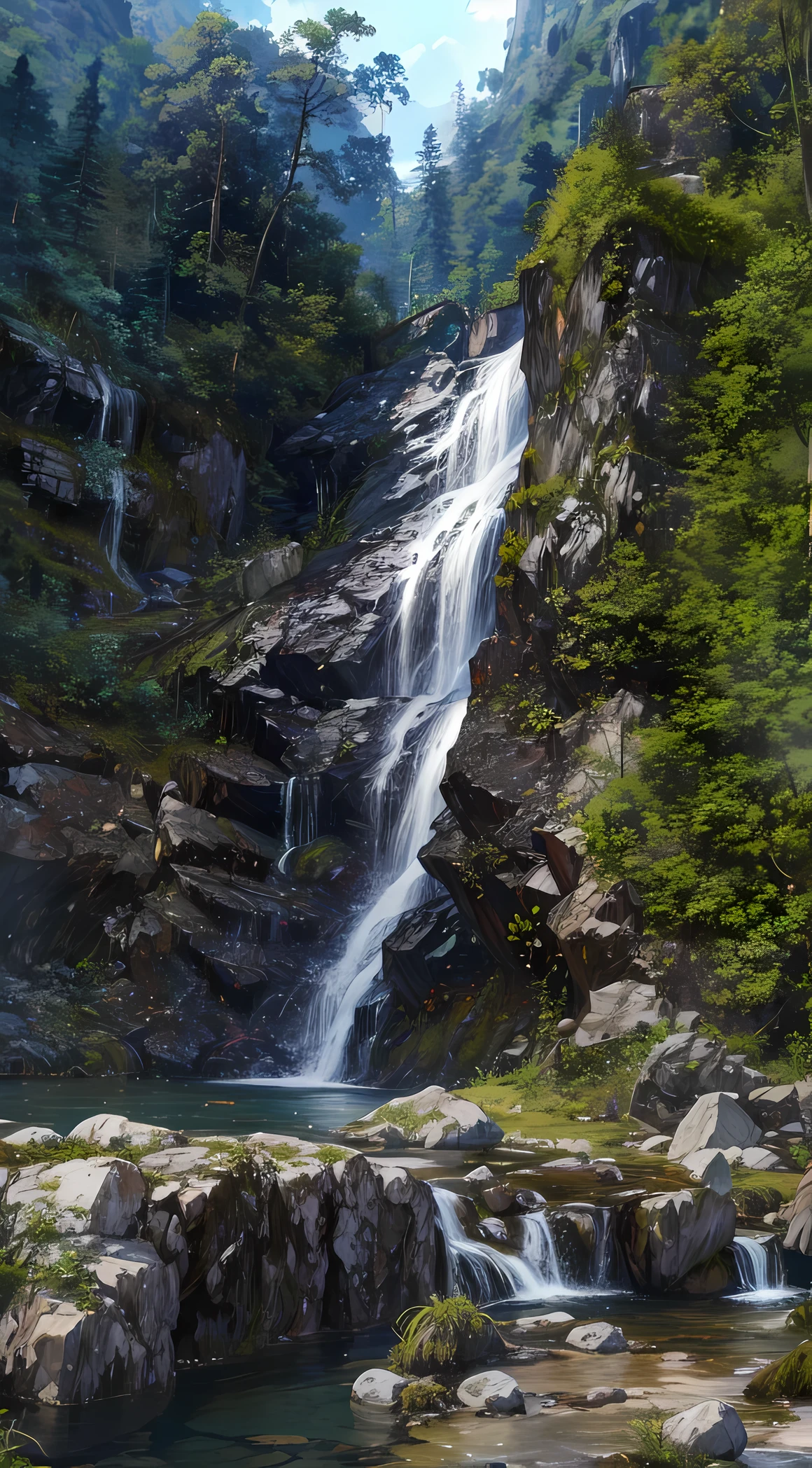 High detail, 8K, ultra HD, high quality, Anime studio, create a image relistict, best lighting , fantasy, waterfall beautifull, dreamer, sun light