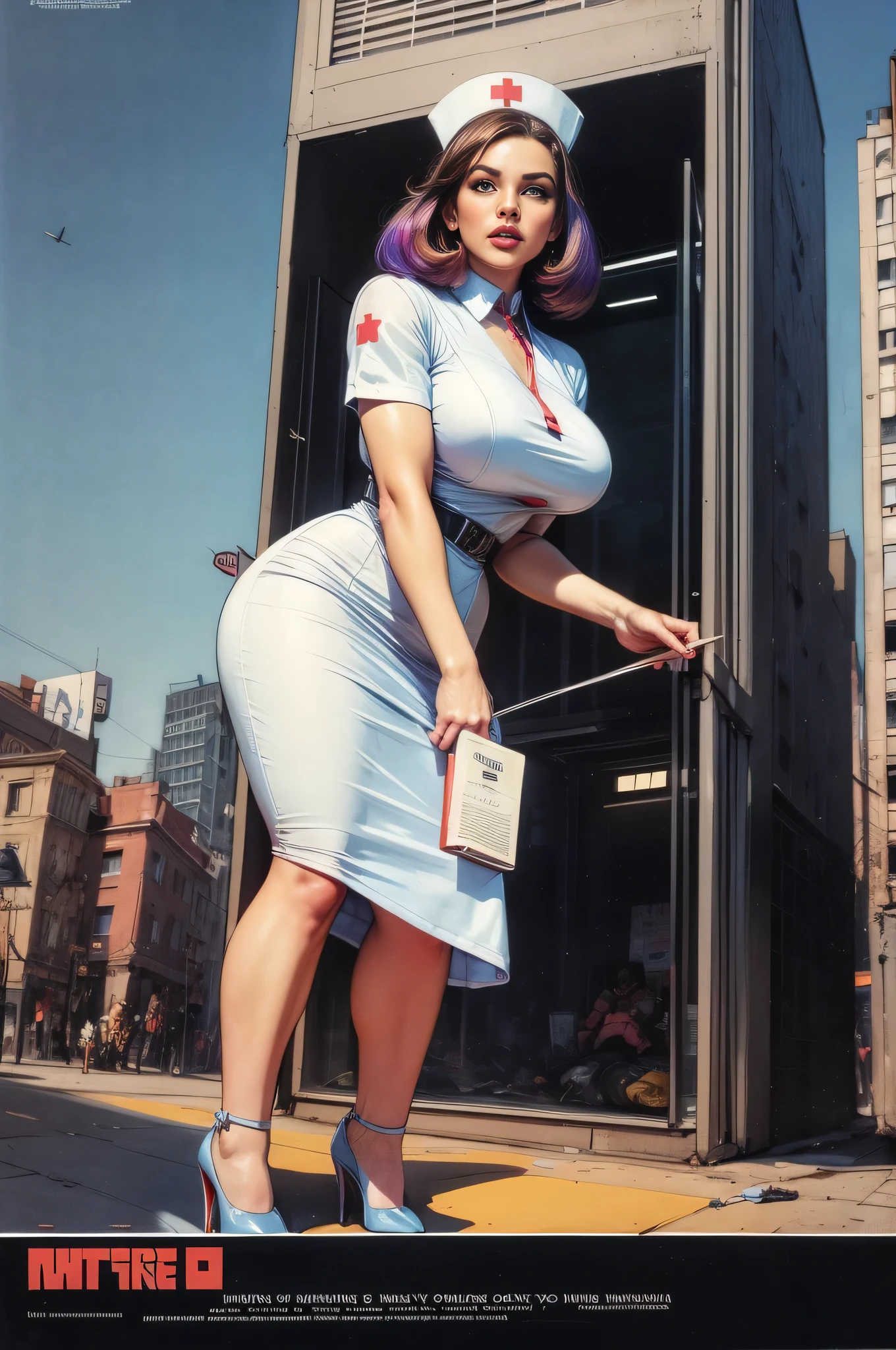 (Masterpiece, Best Quality), 8k Wallpaper, highly detailed, poster, vintage sci-fi film, 1960s, a magazine cover with  giant nurse towering over a tiny city, a portrait by Paul Kane, cinematic movie poster, perfect face, colorful hair, Attack of the 50 foot woman, giant woman, tiny city, lines, abstract, mid century modern, movie poster, vintage, white nurse uniform, stiletto high heel shoes, tiny destroyed skyscrapers city, retrofuturism, pulp sci fi, pulp sci-fi, 60's pulp illustration, scifi pulp, pulp book cover art, pulp scifi, old retro pulp comic cover, pulp science fiction, pulp scifi illustration, vintage scifi, skyscrapers sized under her knee