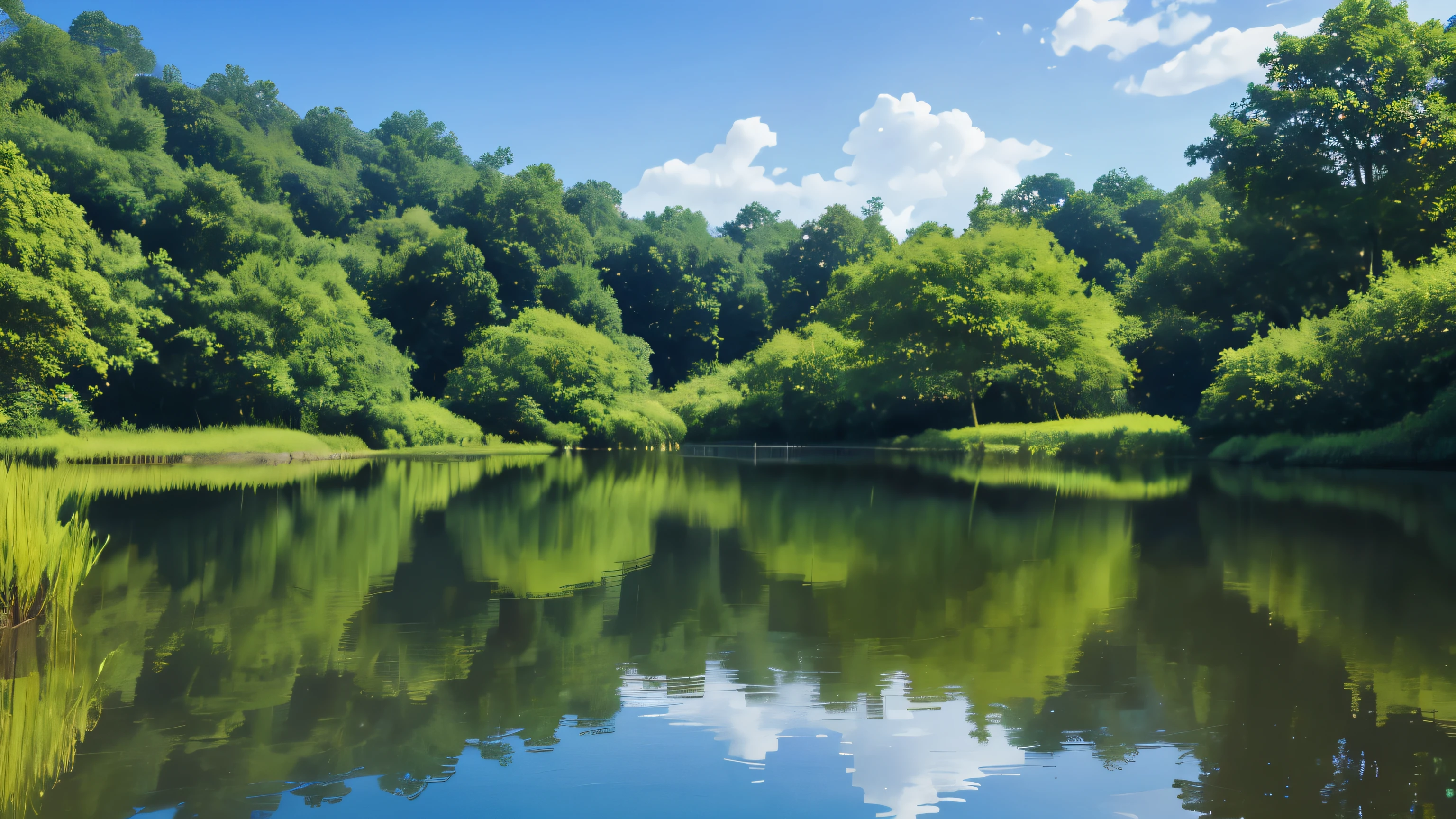 The tranquil pond is surrounded by lush greenery., Reflecting the clear blue sky above.