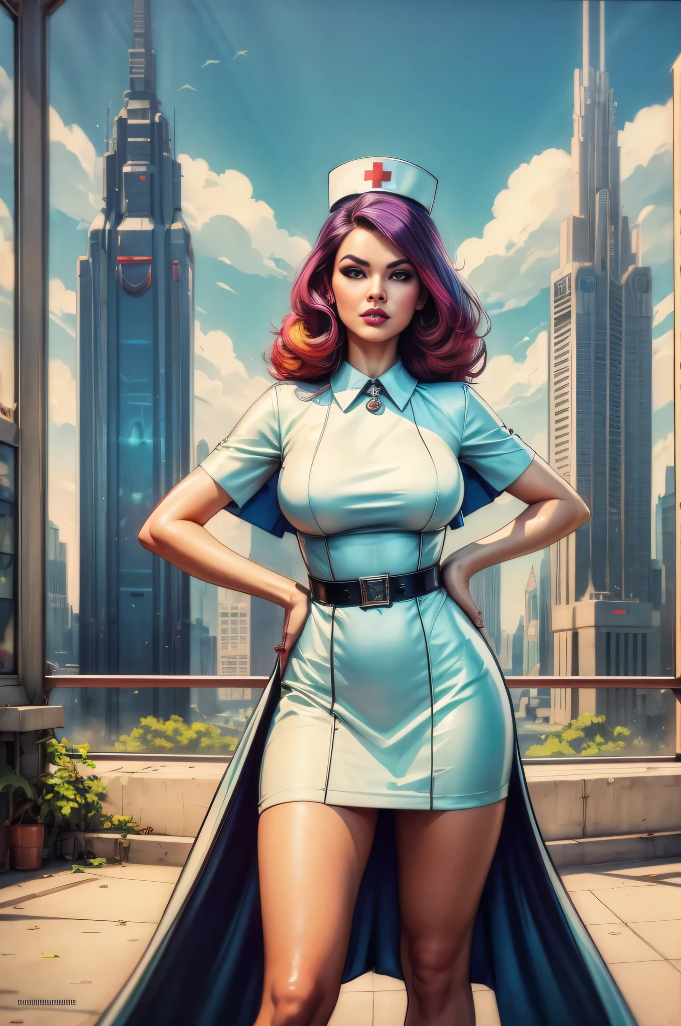 (Masterpiece, Best Quality), 8k Wallpaper, highly detailed, poster, vintage sci-fi film, 1960s, a magazine cover with sexy giant nurse towering over a tiny city, a portrait by Paul Kane, cinematic movie poster, perfect face, colorful hair, Attack of the 50 foot woman, giant woman, tiny city, lines, abstract, mid century modern, movie poster, vintage, white nurse uniform, stiletto high heel shoes, tiny destroyed skyscrapers city, retrofuturism, pulp sci fi, pulp sci-fi, 60's pulp illustration, scifi pulp, pulp book cover art, pulp scifi, old retro pulp comic cover, pulp science fiction, pulp scifi illustration, vintage scifi, skyscrapers sized under her knee