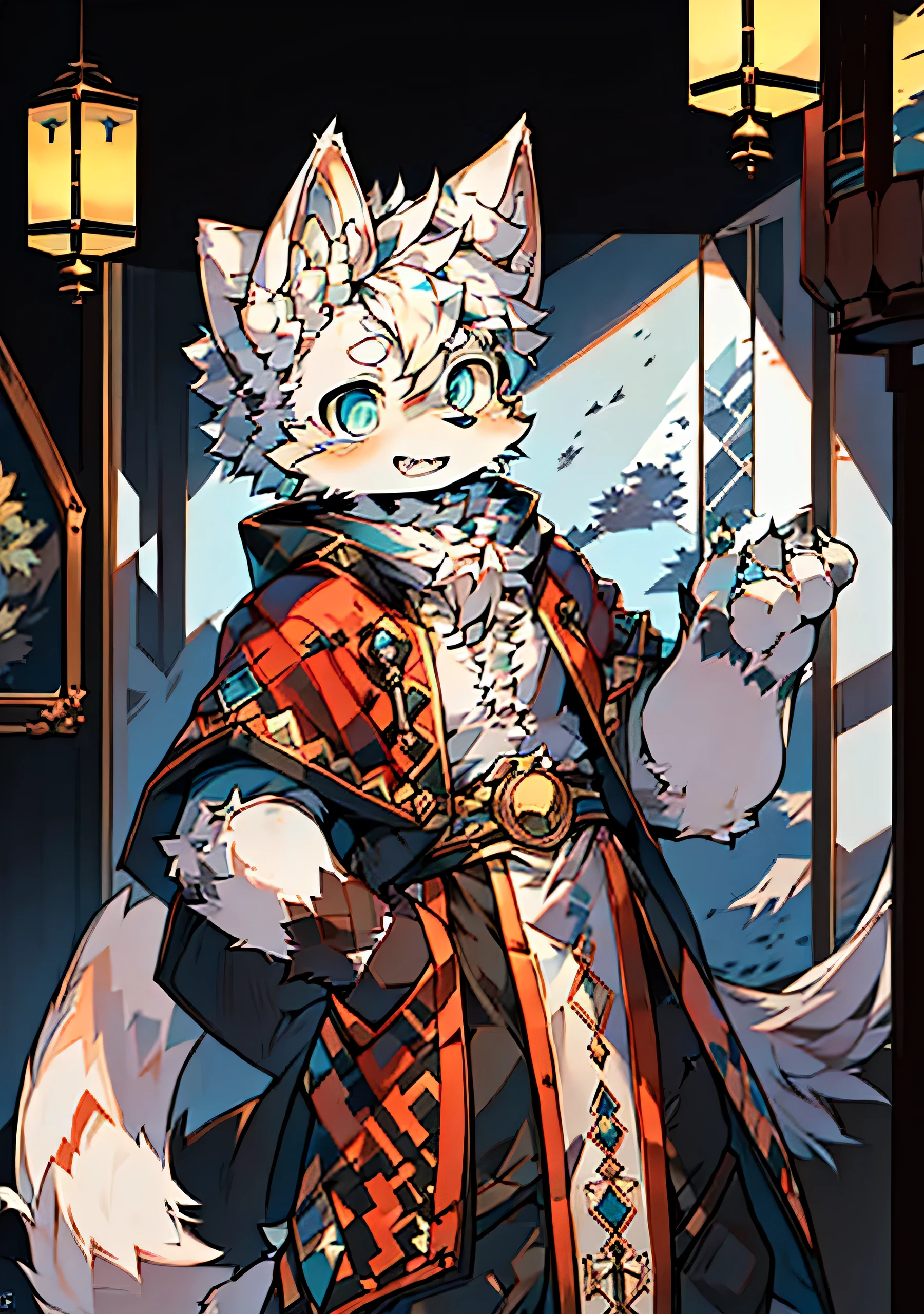 masterpiece,high quality,abstract research,number\(a work of art\), through thick snacks, Yes,Kiyoyama,(Hana Charcoalo,fluffy fur,Character focus:1.1),Hana Charcoalo male cat,short hair,portrait , eyes are very bright, panoramic, Character focus.(Detailed background:0.7), alone, hairy, hairy male, male focus, Hana Charcoal,(Full body hairy, hairy tail, white fur, blue eyes, white hair:1.2), (long canine teeth、Cloak:1.2),(Interior design、night、City、:1.1)