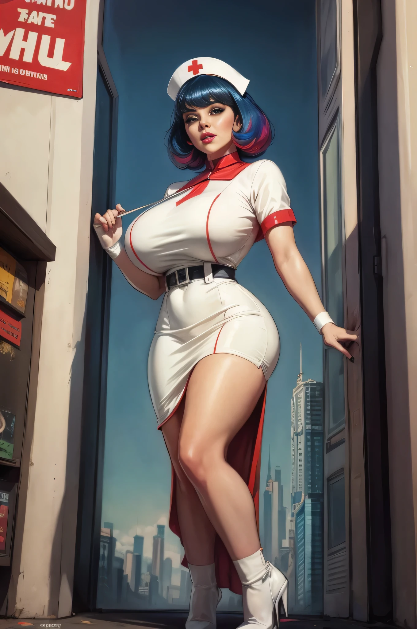 (Masterpiece, Best Quality), 8k Wallpaper, highly detailed, poster, vintage sci-fi film, 1960s, a magazine cover with sexy giant nurse towering over a tiny city, a portrait by Paul Kane, cinematic movie poster, perfect face, colorful hair, Attack of the 50 foot woman, giant woman, tiny city, lines, abstract, mid century modern, movie poster, vintage, white nurse uniform, stiletto high heel shoes, tiny destroyed skyscrapers city, retrofuturism, pulp sci fi, pulp sci-fi, 60's pulp illustration, scifi pulp, pulp book cover art, pulp scifi, old retro pulp comic cover, pulp science fiction, pulp scifi illustration, vintage scifi, skyscrapers sized under her knee