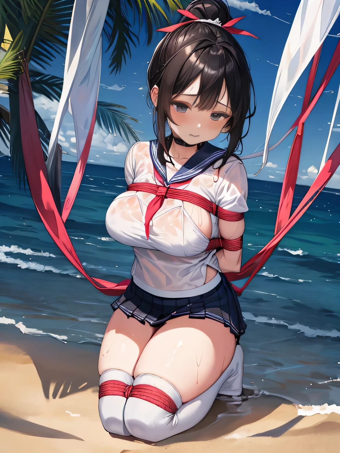 highest quality、High resolution、detailed background、Super detailed、beautiful and detailed face、beautiful and smooth skin、skin texture、professional lighting、Beautiful age girl、(huge breasts:1.2)、lying on a sunny sandy beach、全身がWet、My clothes are Wet and transparent、Wet、sexy sailor suit、sexy pleated mini skirt、white knee high socks、sexual expression、ponytail、cute hairstyle、My clothes are Wet and transparent、髪がWet、No bra、
手をbeing restrained、being restrained、胸をbeing restrained、emphasize the chest、emphasize the underboob、legs open、Arms are tied、tied up with a rope、全身がWet、panty shot、look at me confused