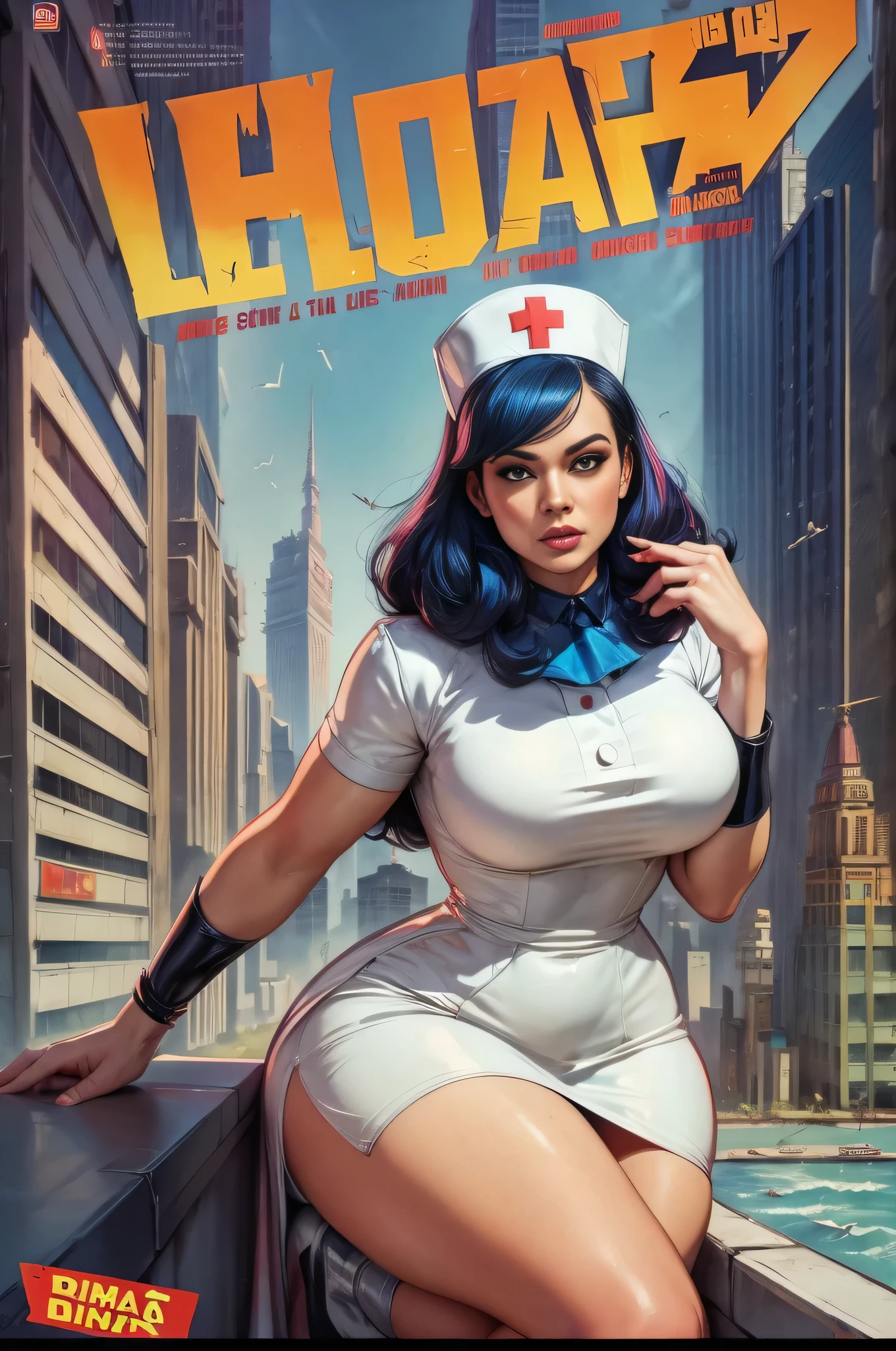 (Masterpiece, Best Quality), 8k Wallpaper, highly detailed, poster, vintage sci-fi film, 1960s, a magazine cover with sexy giant nurse towering over a tiny city, a portrait by Paul Kane, cinematic movie poster, perfect face, bright colorful hair, Attack of the 50 foot woman, giant woman, tiny city, lines, abstract, mid century modern, movie poster, vintage, white nurse uniform, stiletto high heel shoes, tiny destroyed skyscrapers city, retrofuturism, pulp sci fi, pulp sci-fi, 60's pulp illustration, scifi pulp, pulp book cover art, pulp scifi, old retro pulp comic cover, pulp science fiction, pulp scifi illustration, vintage scifi, skyscrapers sized under her knee