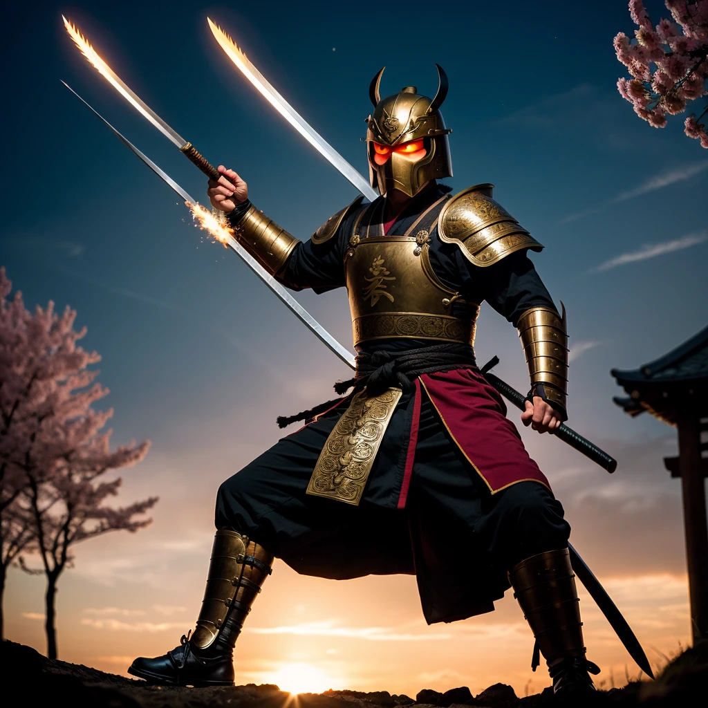 (best quality,4k,8k,highres,masterpiece:1.2),ultra-detailed,realistic,photorealistic:1.37,samurai,warrior,traditional armor,sharp katana sword,elegant movements,determined gaze,intense battle,Japanese cherry blossom,ensembled with honor and strength,vivid colors,stylized brushstroke,war-torn backdrop,fierce expression,flaming arrows,samurai helmet,graceful stance,swift strikes,fierce combat,ethereal mist,precise swordsmanship,dynamic action,ancient Japanese architecture,noble warrior,red and black color scheme,dramatic lighting,stoic demeanor,legendary blade,rays of sunlight,ornate armor,whirling sakura petals,deep concentration,stoic and disciplined,warrior spirit,samurai's code of bushido,silhouette against the moonlight.