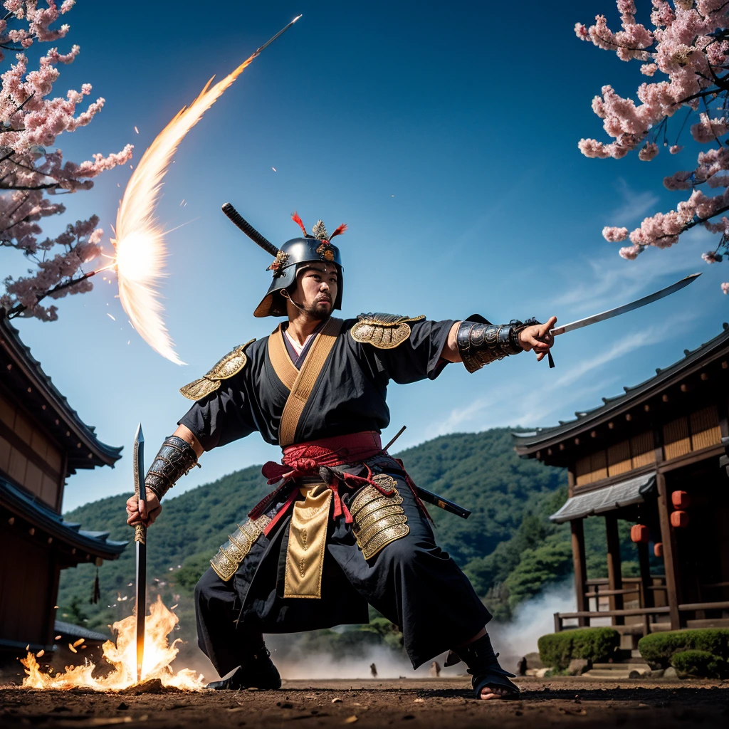 (best quality,4k,8k,highres,masterpiece:1.2),ultra-detailed,realistic,photorealistic:1.37,samurai,warrior,traditional armor,sharp katana sword,elegant movements,determined gaze,intense battle,Japanese cherry blossom,ensembled with honor and strength,vivid colors,stylized brushstroke,war-torn backdrop,fierce expression,flaming arrows,samurai helmet,graceful stance,swift strikes,fierce combat,ethereal mist,precise swordsmanship,dynamic action,ancient Japanese architecture,noble warrior,red and black color scheme,dramatic lighting,stoic demeanor,legendary blade,rays of sunlight,ornate armor,whirling sakura petals,deep concentration,stoic and disciplined,warrior spirit,samurai's code of bushido,silhouette against the moonlight.