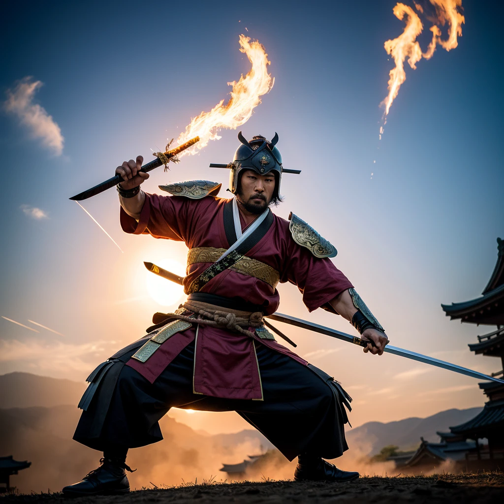 (best quality,4k,8k,highres,masterpiece:1.2),ultra-detailed,realistic,photorealistic:1.37,samurai,warrior,traditional armor,sharp katana sword,elegant movements,determined gaze,intense battle,Japanese cherry blossom,ensembled with honor and strength,vivid colors,stylized brushstroke,war-torn backdrop,fierce expression,flaming arrows,samurai helmet,graceful stance,swift strikes,fierce combat,ethereal mist,precise swordsmanship,dynamic action,ancient Japanese architecture,noble warrior,red and black color scheme,dramatic lighting,stoic demeanor,legendary blade,rays of sunlight,ornate armor,whirling sakura petals,deep concentration,stoic and disciplined,warrior spirit,samurai's code of bushido,silhouette against the moonlight.