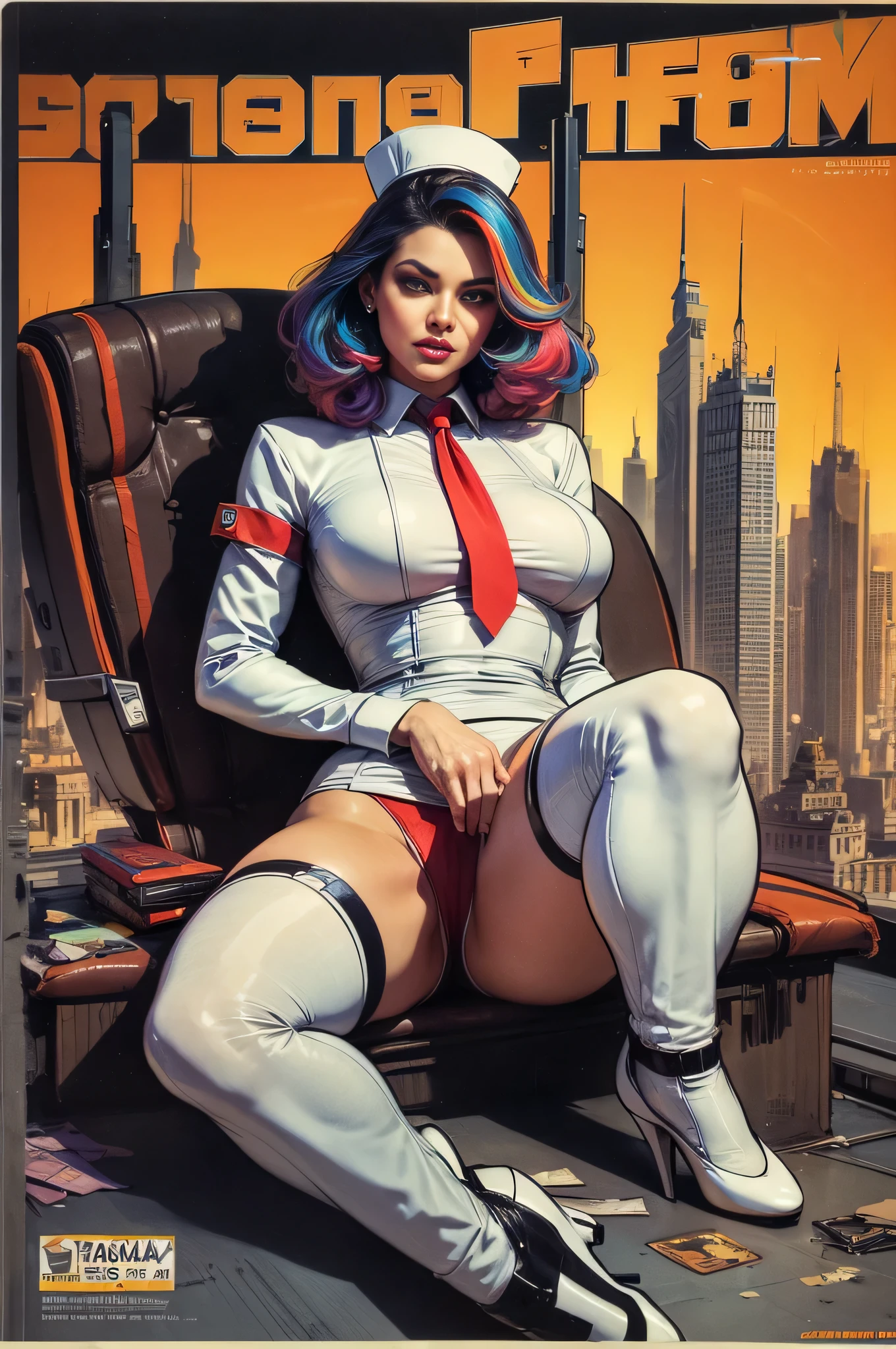 (Masterpiece, Best Quality), 8k Wallpaper, highly detailed, poster, vintage sci-fi film, 1960s, a magazine cover with sexy giant nurse towering over a tiny city, a portrait by Paul Kane, cinematic movie poster, perfect face, colorful hair, Attack of the 50 foot woman, giant woman, tiny city, lines, abstract, mid century modern, movie poster, vintage, white nurse uniform, stiletto high heel shoes, tiny destroyed skyscrapers city, retrofuturism, pulp sci fi, pulp sci-fi, 60's pulp illustration, scifi pulp, pulp book cover art, pulp scifi, old retro pulp comic cover, pulp science fiction, pulp scifi illustration, vintage scifi, skyscrapers sized under her knee