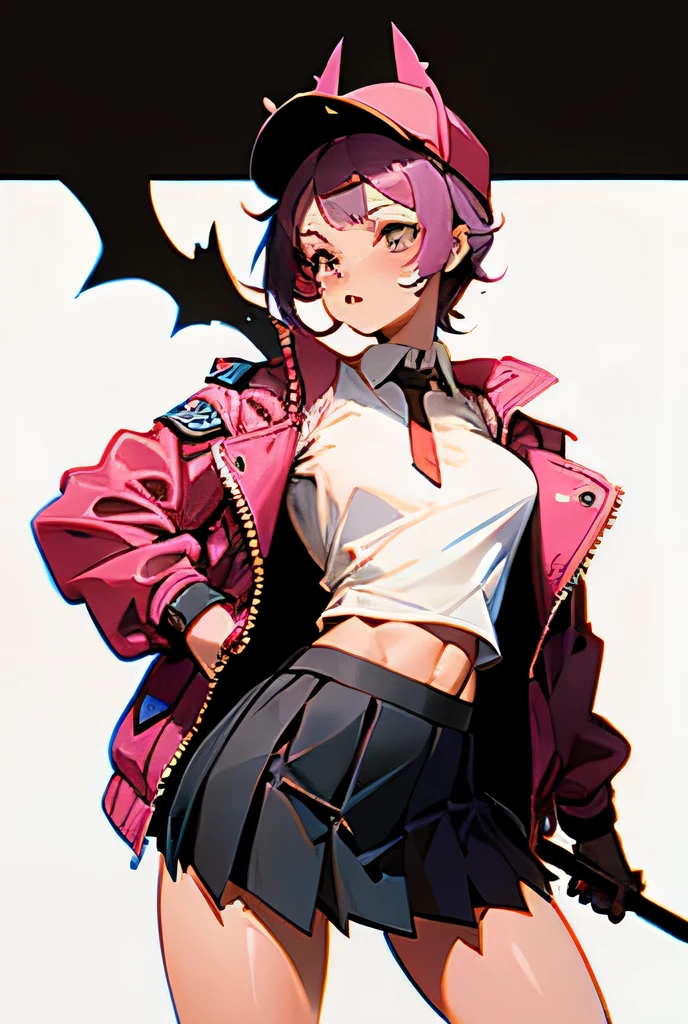 Girl, with Jacket, Holding a bat on her shoulder, Short skirt, sexy physique, with cap on her head, blowing a bubblegum