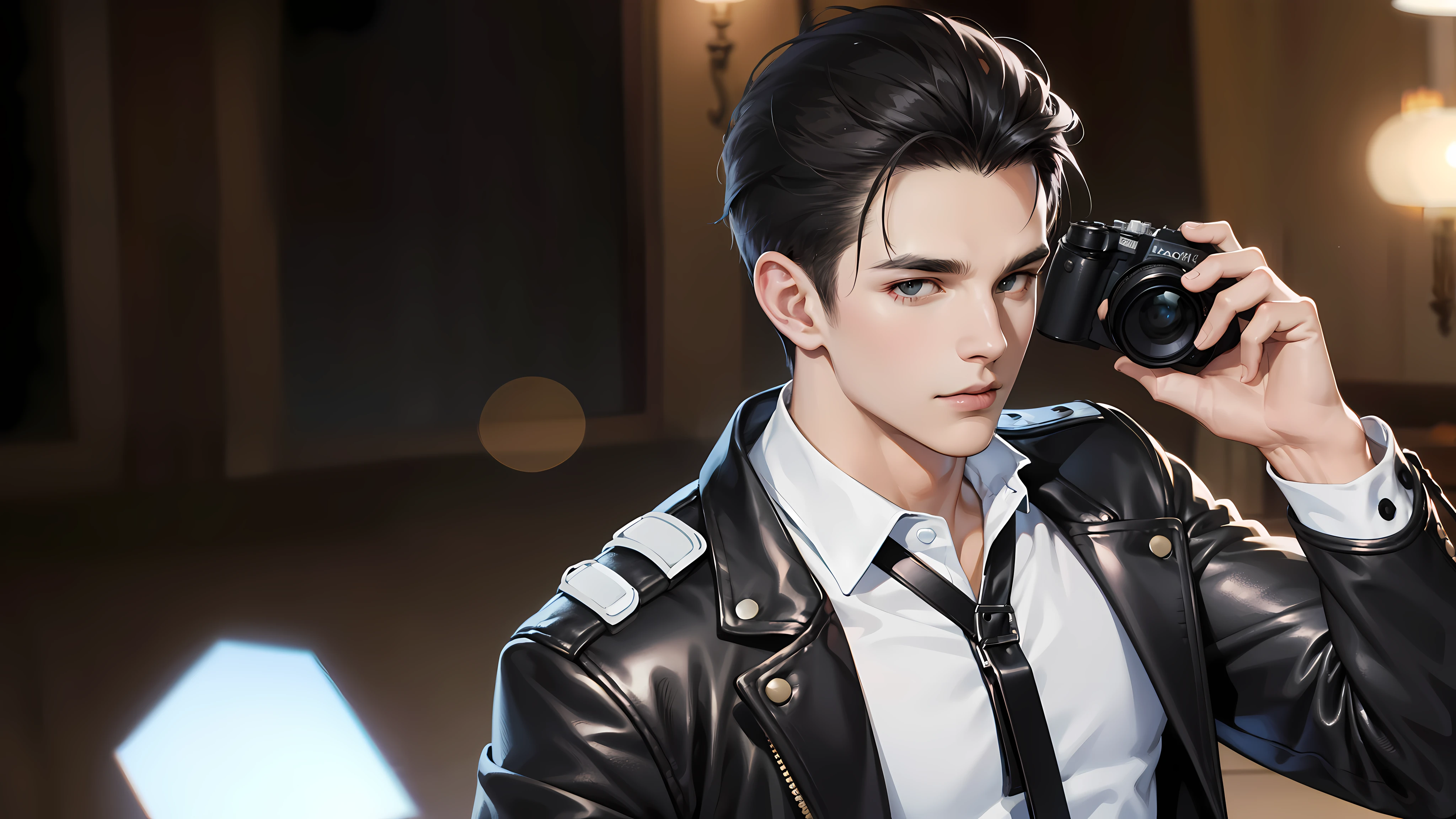 twins, white black hair, Leather jacket, handsome face, more than_Body, (HD skin:1.2), 8K Ultra HD, SLR camera, high quality, Volumetric lighting, high resolution, 4k, 8k, Bokeh, top quality, masterpiece, there is nothing