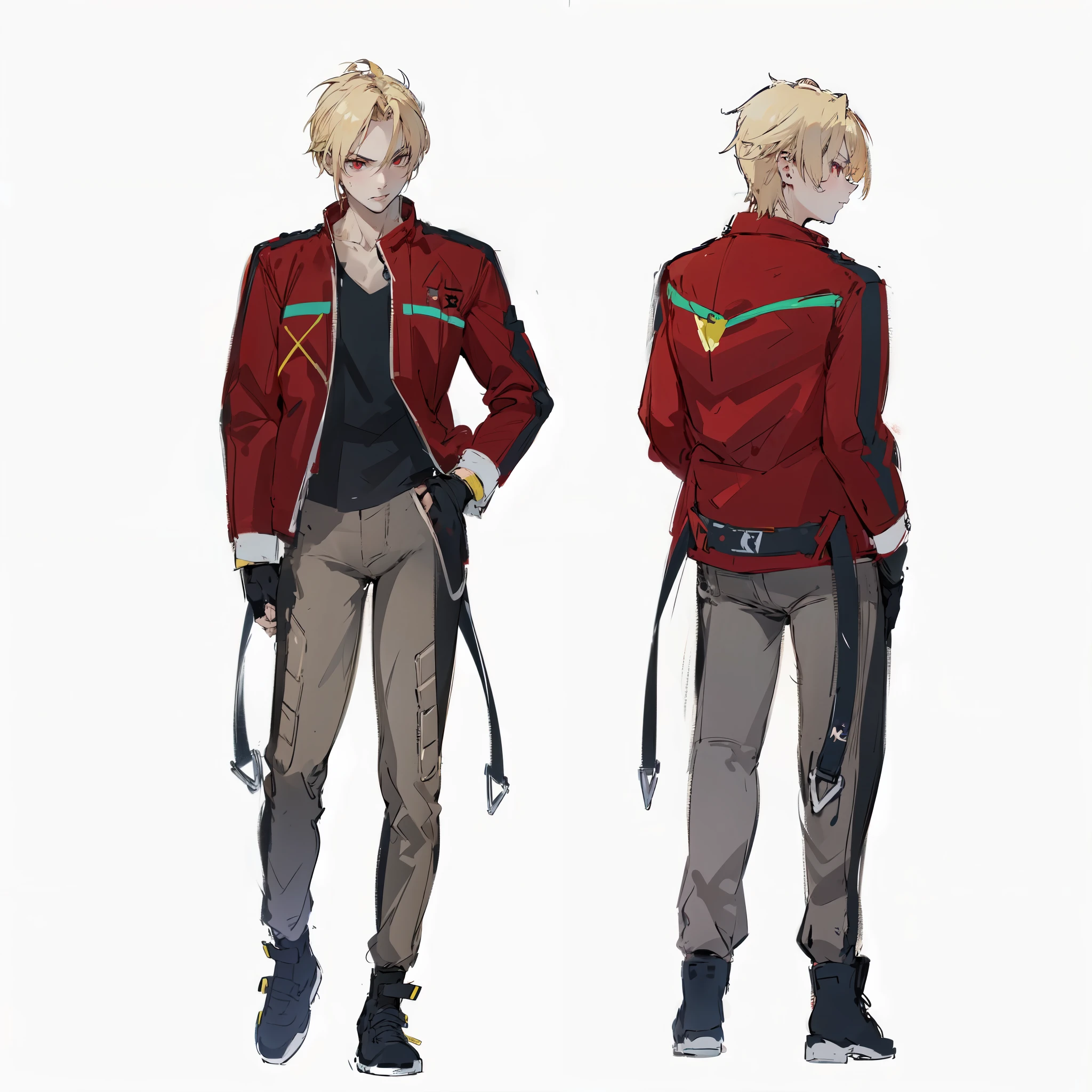 anime boy with a red leather jacket and blonde hair, black shirt, beige and black pants, red eyes, anime cyberpunk character, blue mma gloves, sneakers, female anime character, anime character sheet, character concept, the anime girl is walking, full body concept, fighter pose, female action anime girl, single character full body, female protagonist 👀 :8, anime style character, anime character, fighting game character, lidia from tekken, fighting game character, guilty gear style,