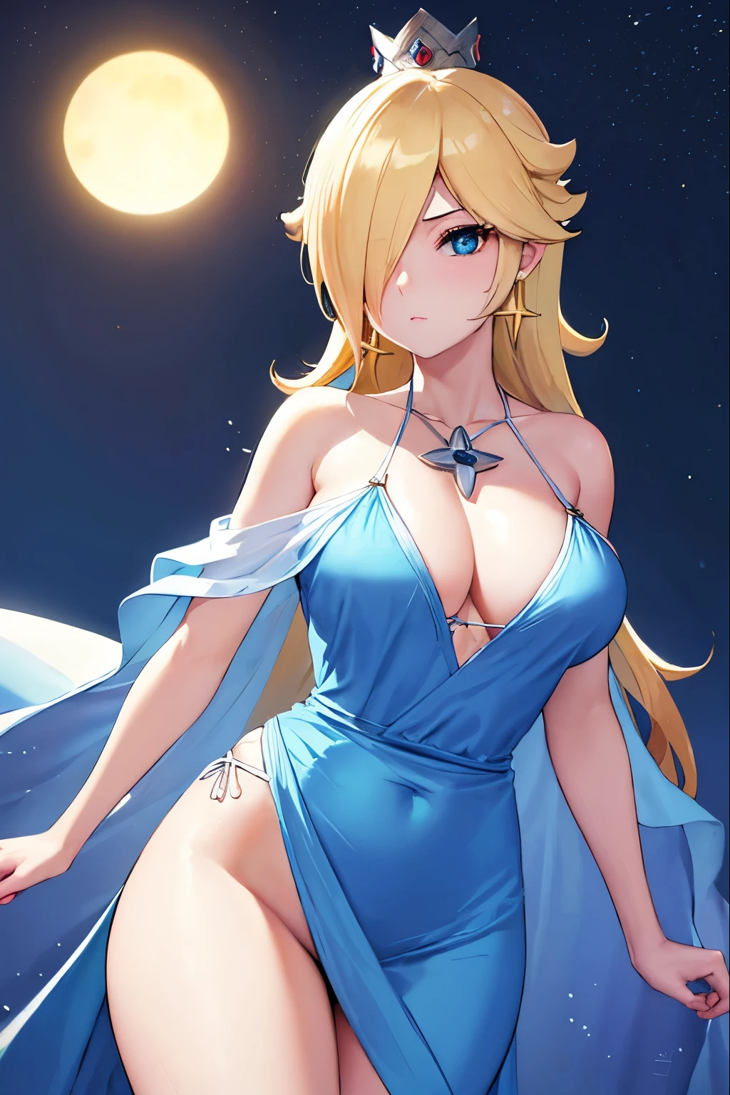 Rosalina, Rosalina, Blonde hair, blue eyes, hair over one eye, long hair, blue bikini BREAK, high waist panties, crown, dress, earrings, jewelry, princess, cape, star earrings, BREAK night, night sky, sky , star \(sky\), star \(symbol\), space, sun, BREAK looking at the viewer, (cowboy photo: 1.5), BREAK (art: 1.2), best quality, high resolution, 8k unity wallpaper , (art: 0.8), (beautiful detailed eyes: 1.6), extremely detailed face, perfect lighting, extremely detailed CG, (perfect hands, perfect anatomy),
