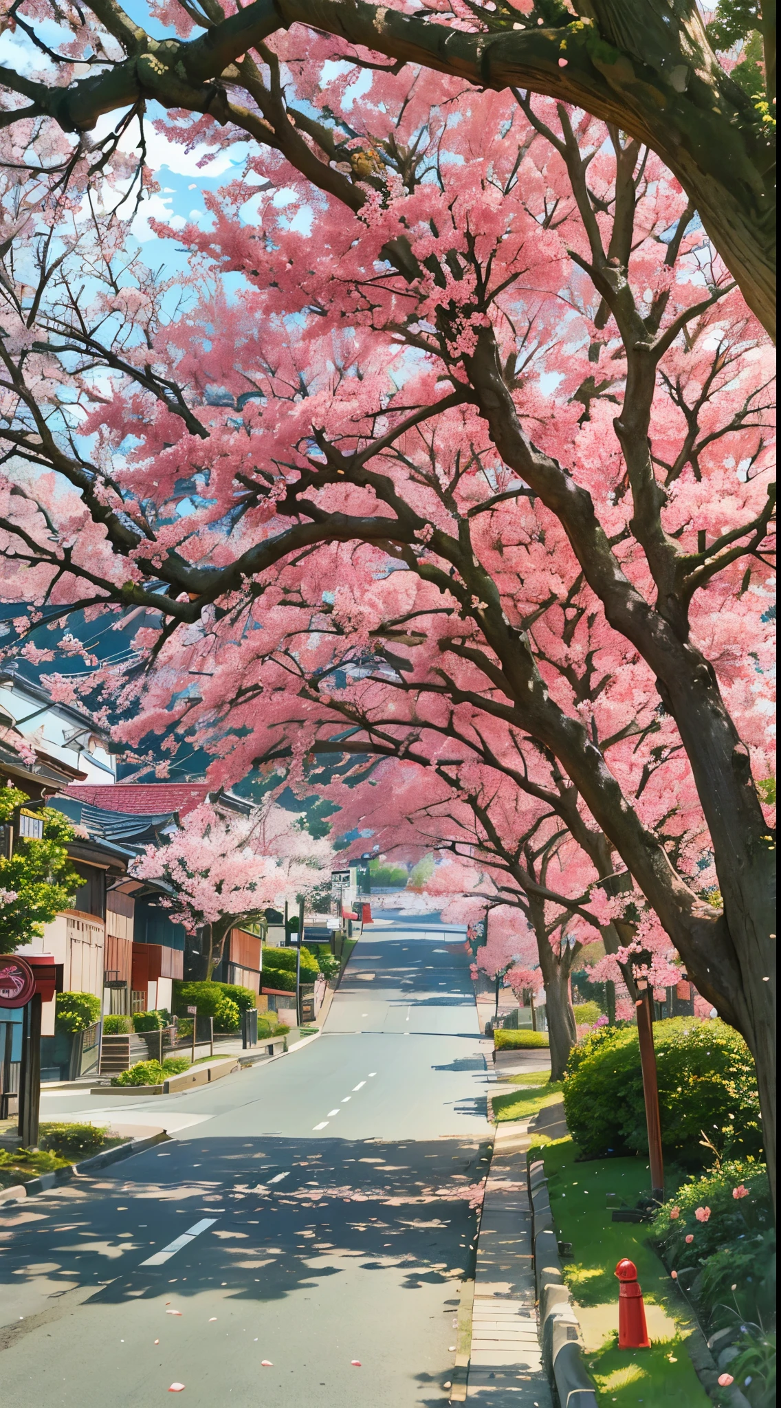 a red fire hydrant sitting on the side of a road, cherry blosom trees, giant cherry trees, springtime vibrancy, cherry blossom trees, pink trees, spring vibrancy, blossoming path to heaven, tall purple and pink trees, maple trees along street, vancouver, cherry trees, detailed trees in bloom, lush sakura trees, cherry blossoms