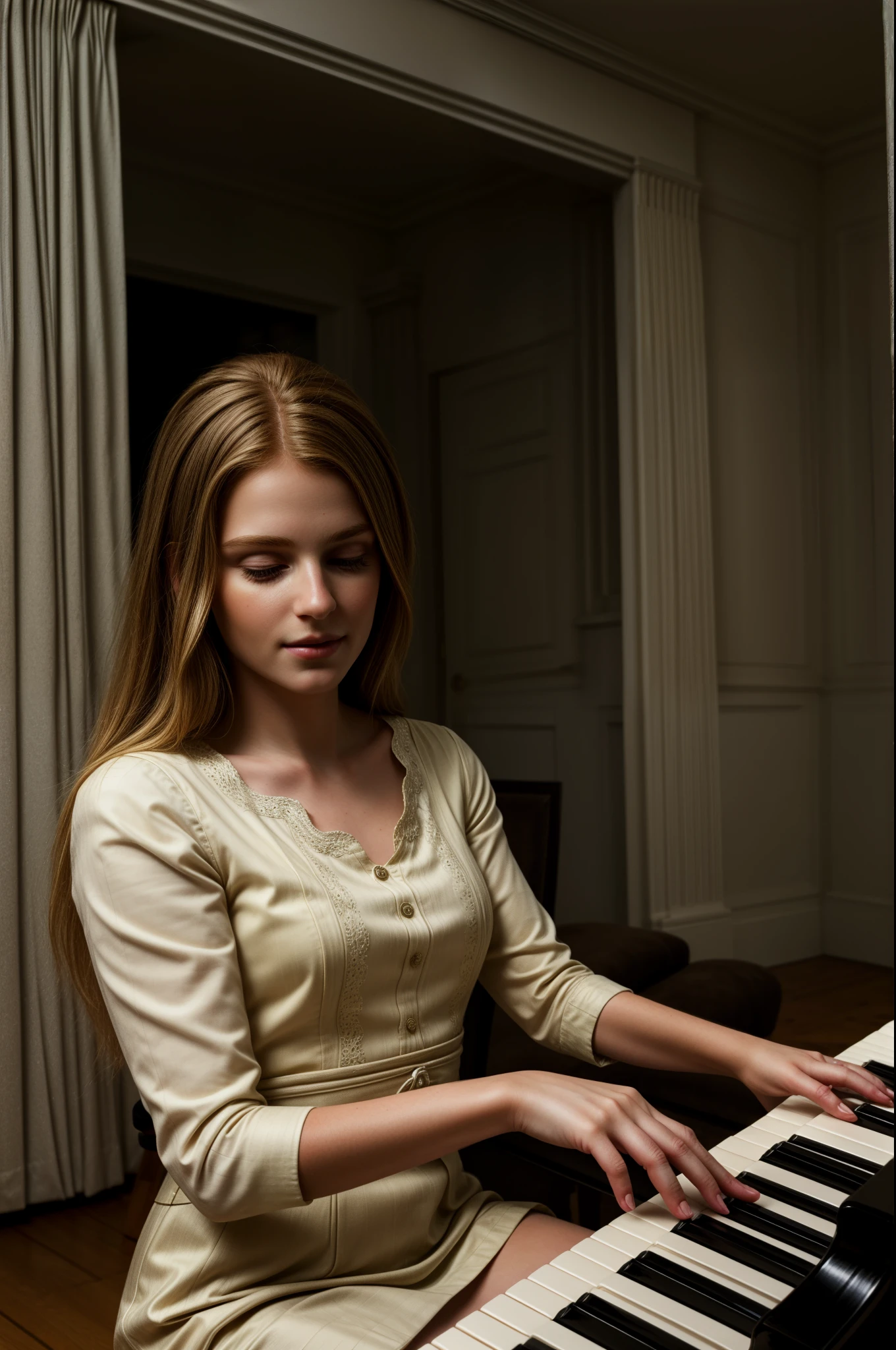 masterpiece, best quality, extremely detailed:1.2, hyperrealistic, photorealistic, a pretty german girl, sitting, playing piano, grand piano, perfect hands, ultra detailed face:1.3