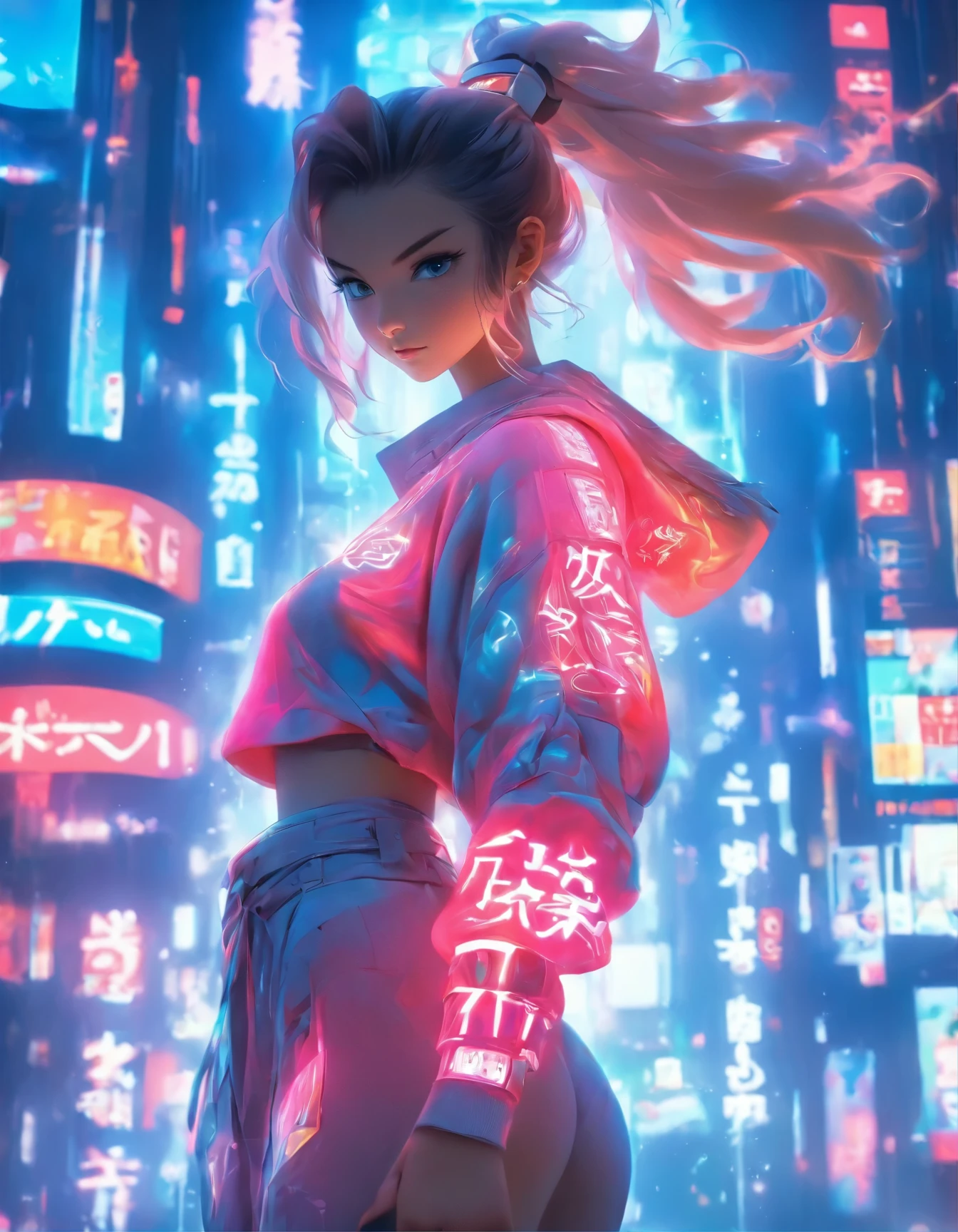 (best quality:1.3),(masterpiece:1.2),16k,level picture quality,future technology,1girl,A Chinese kung fu girl wearing a cyberpunk-style mecha costume,dynamic poses,(glowing electronic screen),(Electronic information flow:1.3),Holographic projection,(Glowing electronic screen on arm:1.2),whole body多线条光条,Luminous text on thigh,(girl pose:1.2),Glowing electronic shoes,whole body,Colored smoke,City blocks,skyscraper,neon lights,