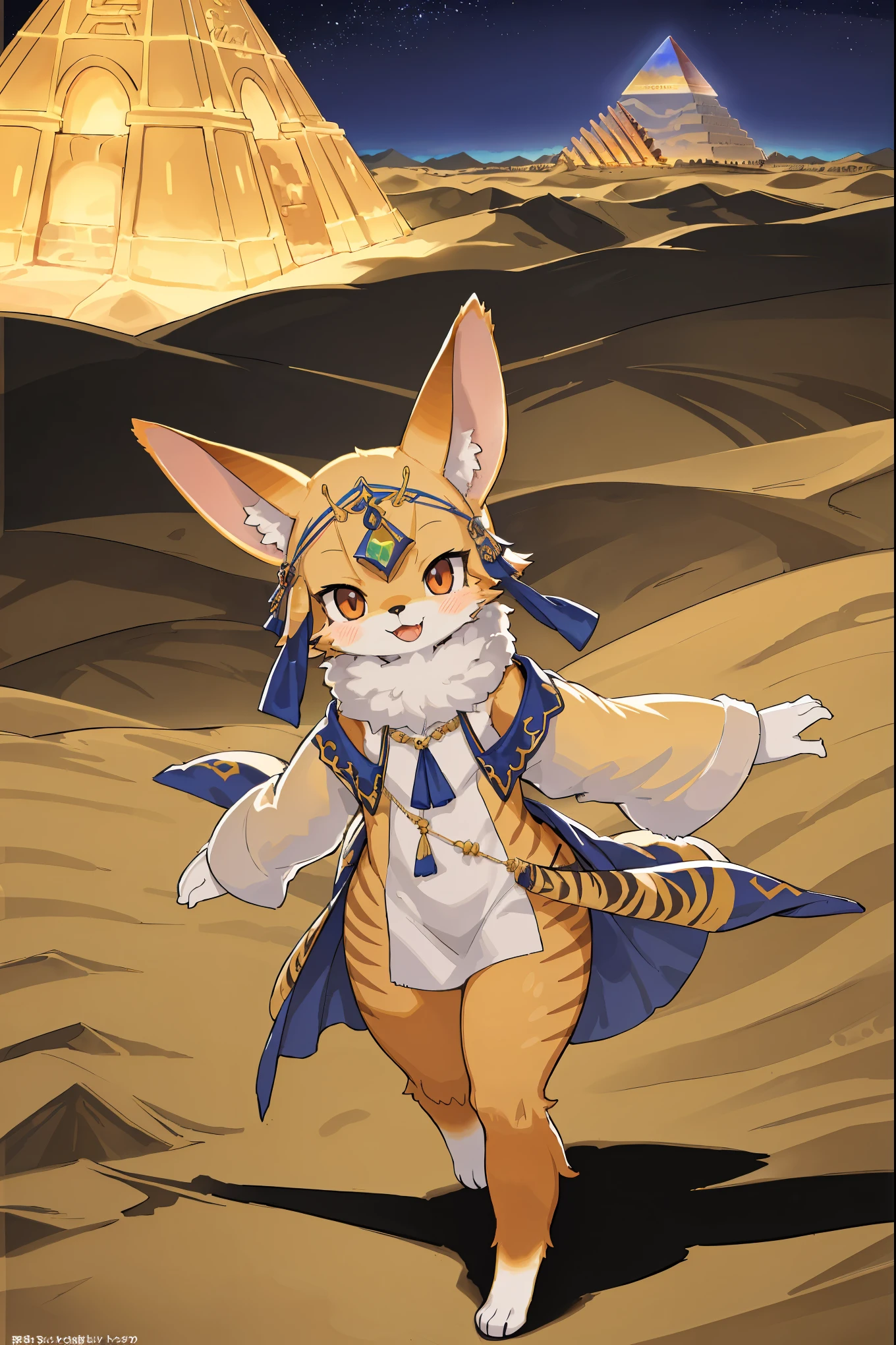 High-quality illustrations, masterpiece, absurdres, super high resolution, detailed background, desert, sand dunes, pyramid, Traditional costumes, Happy, joyful, Relux(Travel photos)perfect anatomy(kemono, furry anthro, National clothing)cinematic lighting, beautiful shadow, dynamic angle,