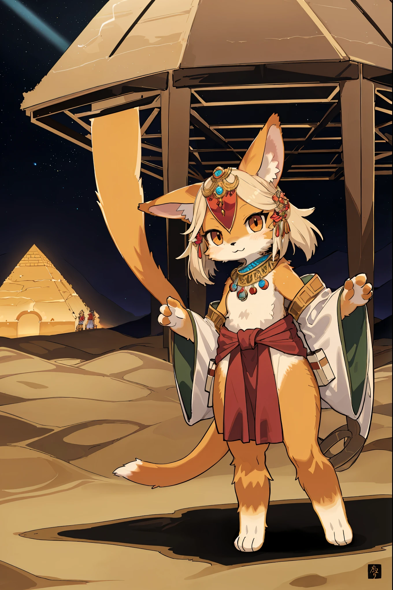 High-quality illustrations, masterpiece, absurdres, super high resolution, detailed background, desert, sand dunes, pyramid, Traditional costumes, Happy, joyful, Relux(Travel photos)perfect anatomy(kemono, furry anthro, National clothing)cinematic lighting, beautiful shadow, dynamic angle,