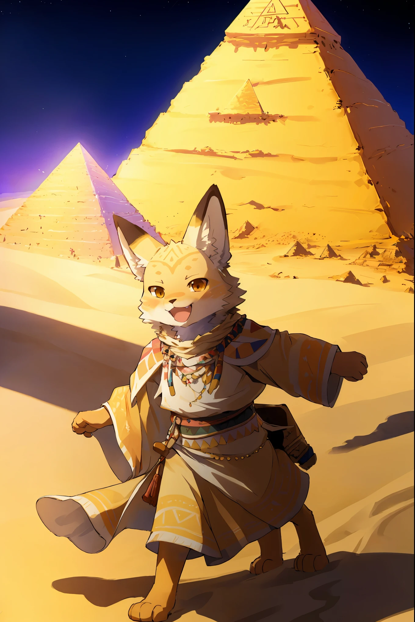 High-quality illustrations, masterpiece, absurdres, super high resolution, detailed background, desert, sand dunes, pyramid, Traditional costumes, Happy, joyful, Relux(Travel photos)perfect anatomy(kemono, furry anthro, National clothing)cinematic lighting, beautiful shadow, dynamic angle,