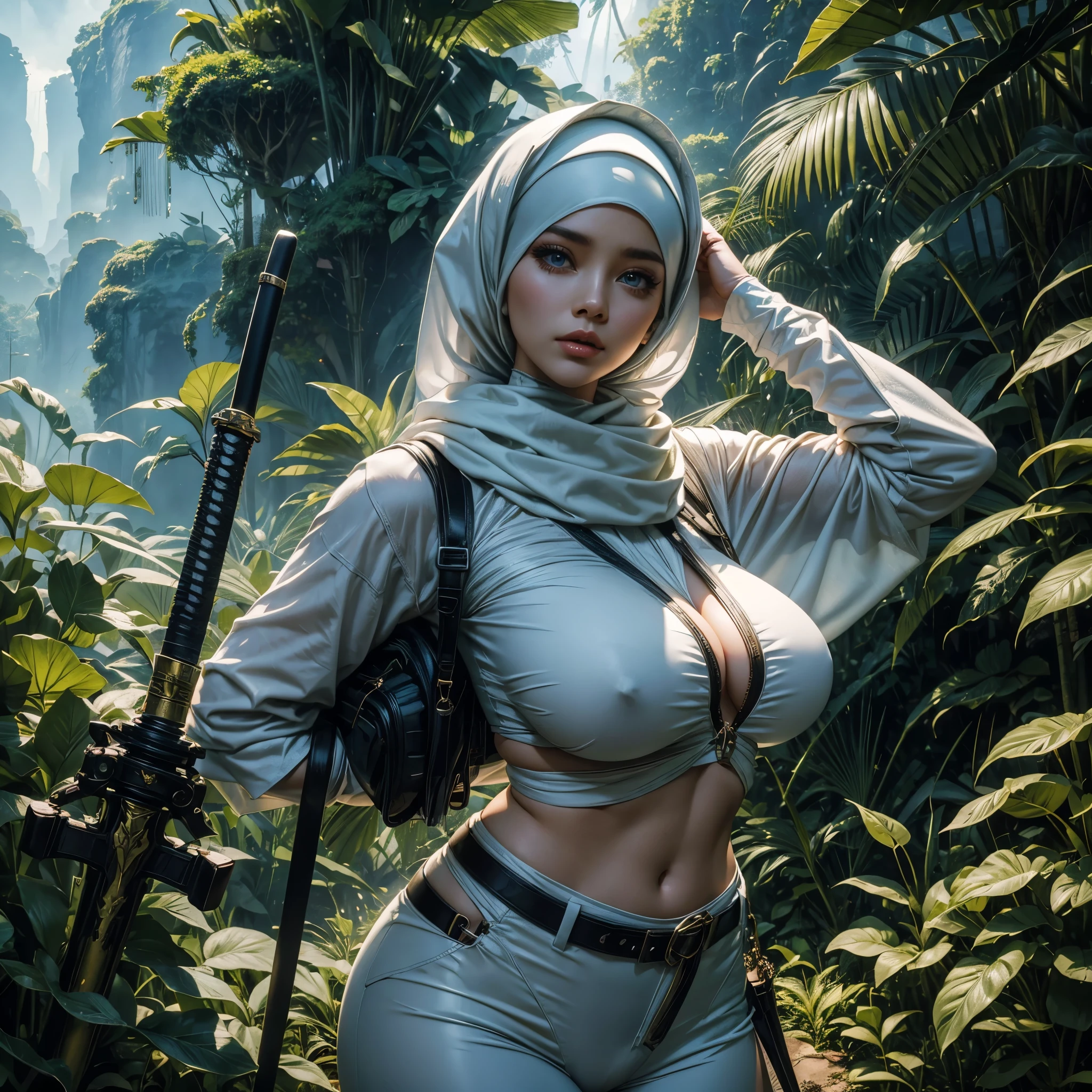 A malaysian woman, hourglass figure, pale blue eyes, and makeup, white hijab covering her hair, wearing a sexy white ninja outfit, gripping onto a helicopter's side-door mid-air. The helicopter is flying at a high altitude above a lush jungle canopy. The woman holds several sheathed weapons, including a katana and a pair of sai, attached to her outfit's belt. The helicopter's rotor blades spin rapidly as it maneuvers through the air. The scene is depicted in high resolution (best quality, 4k, 8k, highres, masterpiece:1.2), with ultra-detailed attention given to every aspect. The colors are vivid, showcasing the vibrant greens of the jungle and the woman's striking outfit contrasted against the blue sky. The lighting is dramatic, with natural sunlight casting rays through the jungle foliage, creating a sense of depth and atmosphere. Focus on the ninja