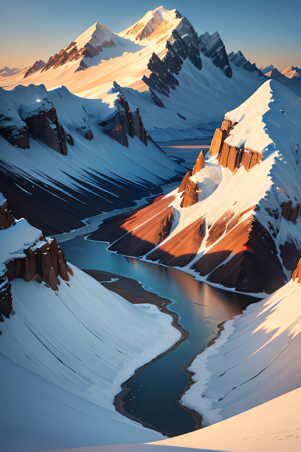 vector-style illustration of Mount Denali, dali sheep, white show peak on mountain, daylight, 8k realistic, lake setting
