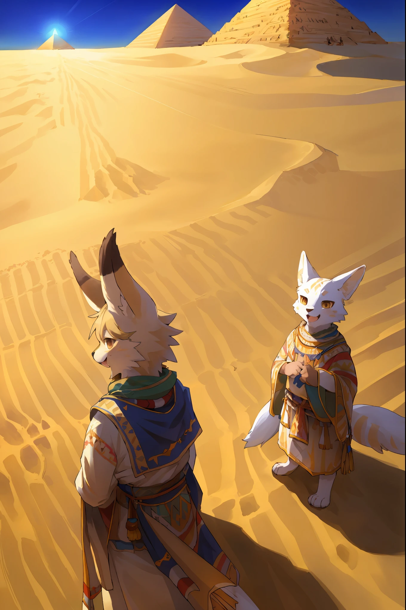 High-quality illustrations, masterpiece, absurdres, super high resolution, detailed background, desert, sand dunes, pyramid, Traditional costumes, Happy, joyful, Relux(Travel photos)perfect anatomy(kemono, furry anthro, National clothing)cinematic lighting, beautiful shadow, dynamic angle,