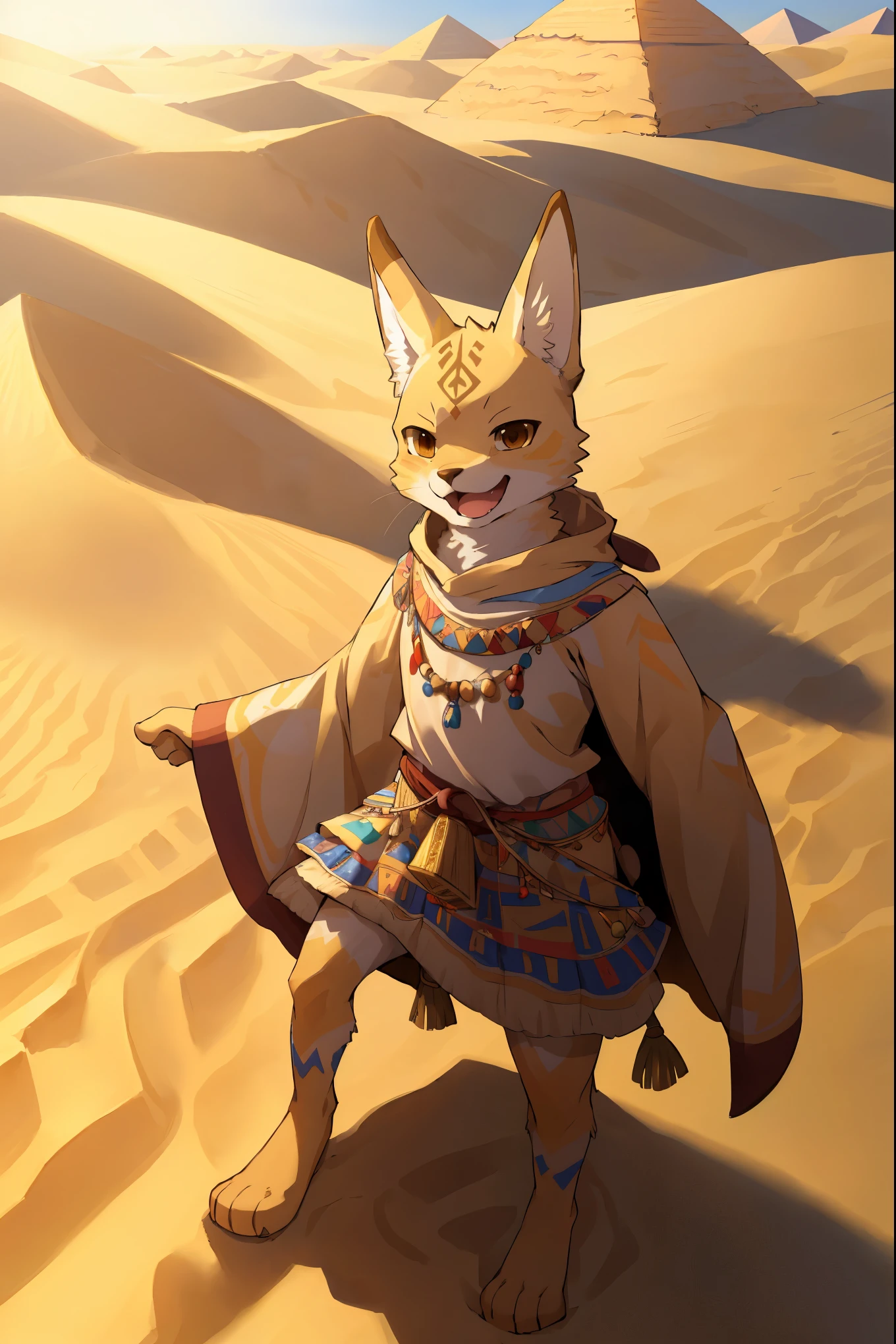 High-quality illustrations, masterpiece, absurdres, super high resolution, detailed background, desert, sand dunes, pyramid, Traditional costumes, Happy, joyful, Relux(Travel photos)perfect anatomy(kemono, furry anthro, National clothing)cinematic lighting, beautiful shadow, dynamic angle,
