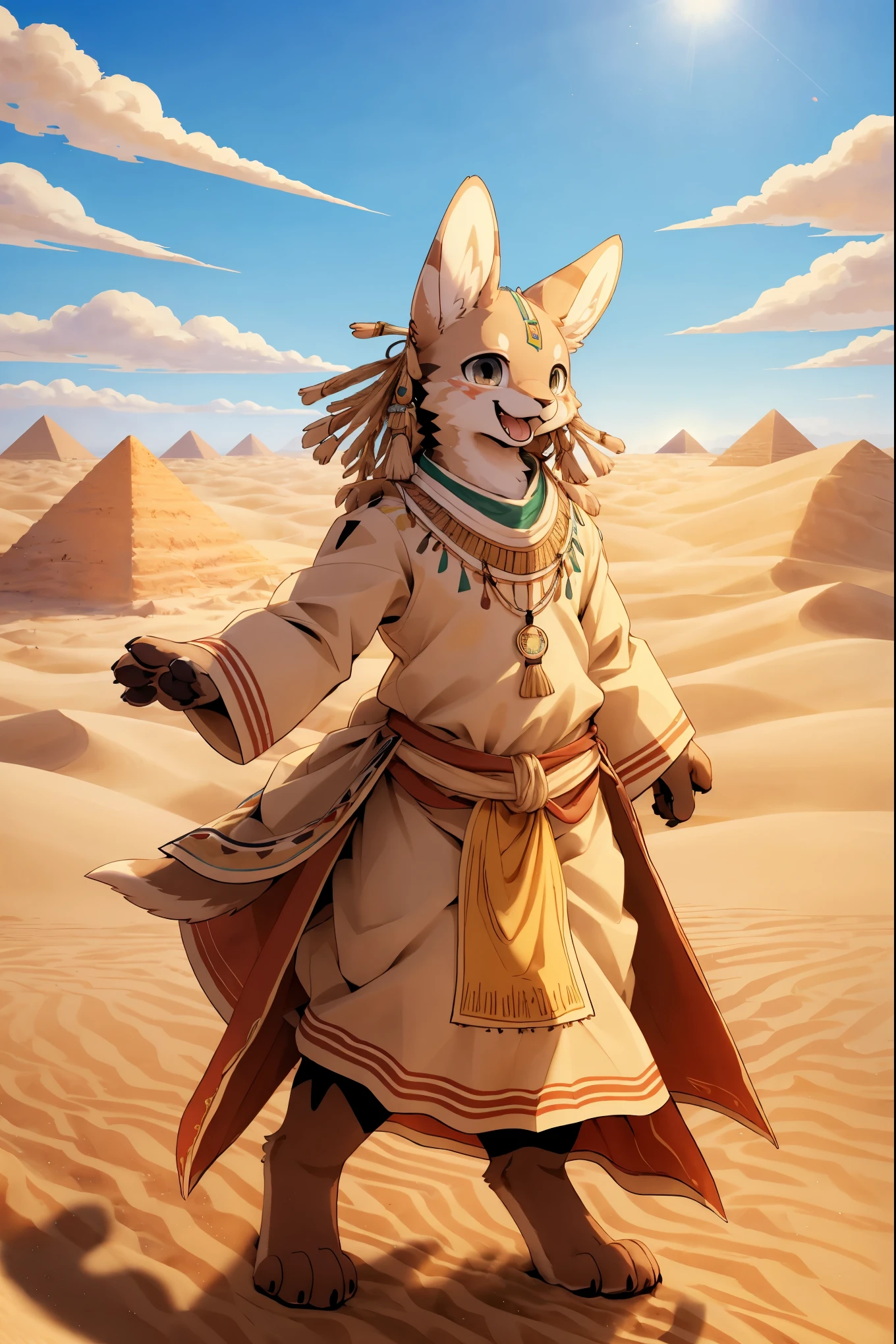 High-quality illustrations, masterpiece, absurdres, super high resolution, detailed background, desert, sand dunes, pyramid, Traditional costumes, Happy, joyful, Relux(Travel photos)perfect anatomy(kemono, furry anthro, National clothing)cinematic lighting, beautiful shadow, dynamic angle,